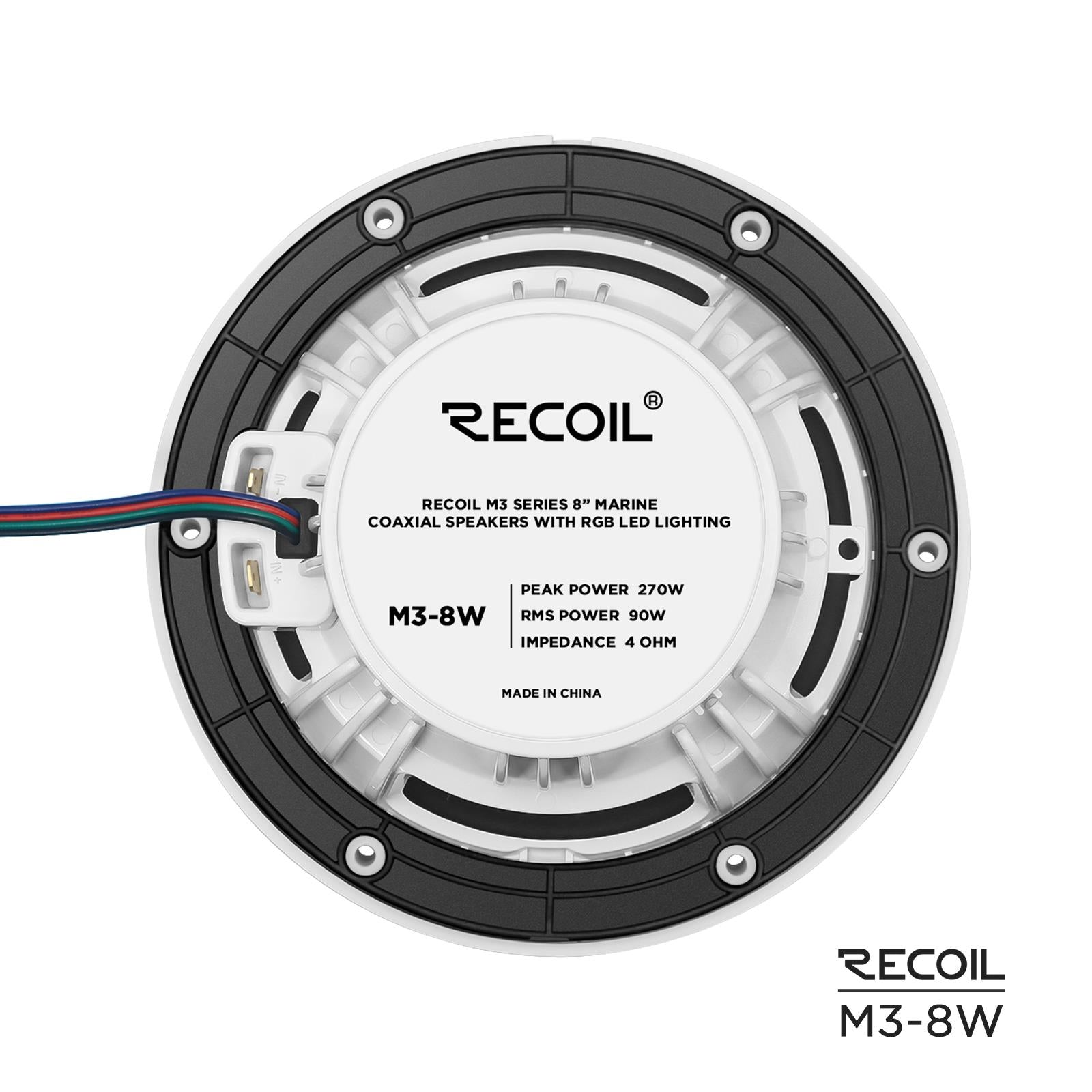 Recoil M3-8W - 8" 20cm White Marine Boat Outdoor Speakers with Built-in RGB LED