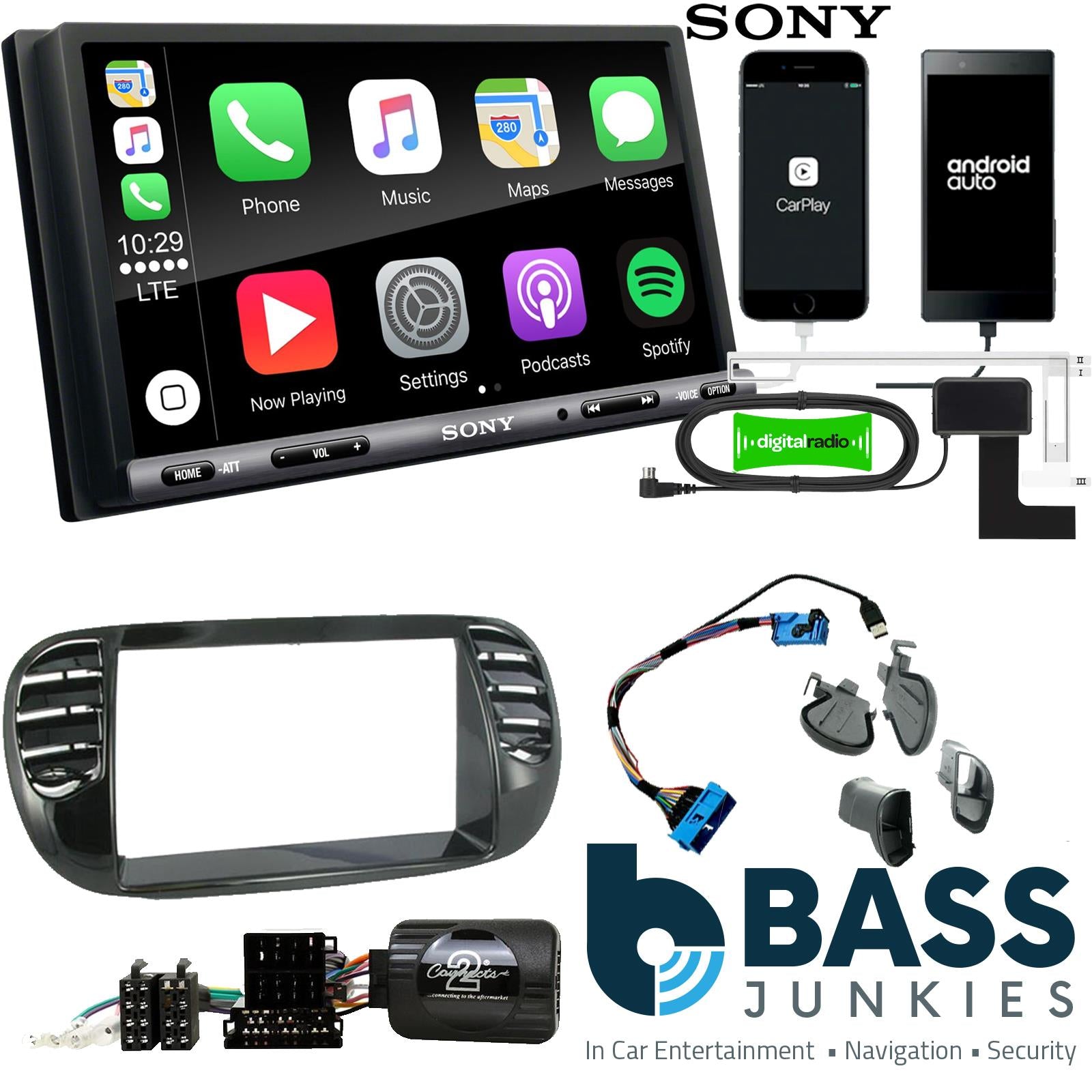 SONY DAB+ Apple | Android Double Din Stereo Fitting Kit + Steering Wheel Stalk Controls to fit Fiat 500 2007-15