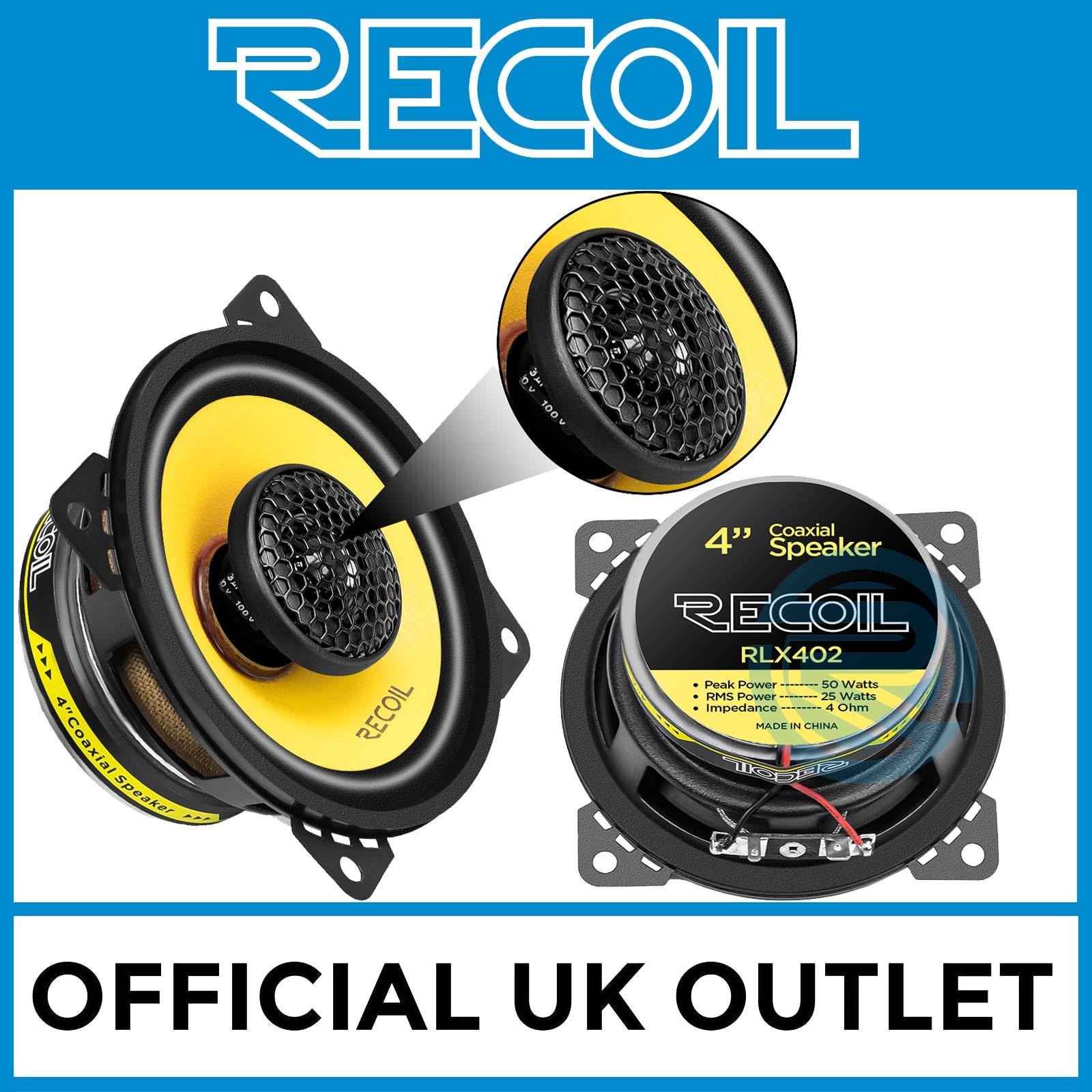 Recoil RLX402 - 120 Watts 4" Inch 10cm 2-Way Coaxial Car Door Speakers Pair