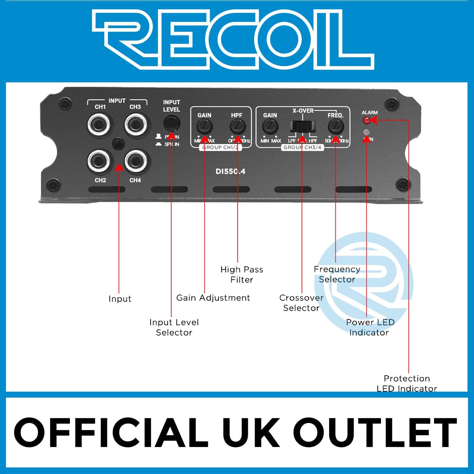 Recoil DI550.4 - 1040 Watts 4-Channel 2-4 Ohm Stable Class-D Car Amp Amplifier