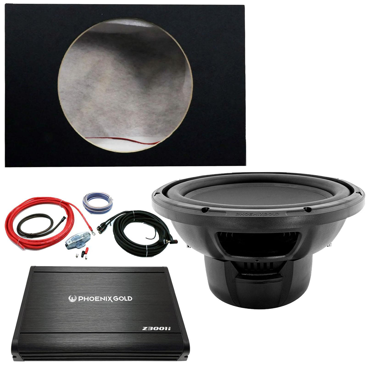 Phoenix Gold GX12D4 12" 800W Subwoofer 300W Amp 12" Box & 8AWG Wiring Kit