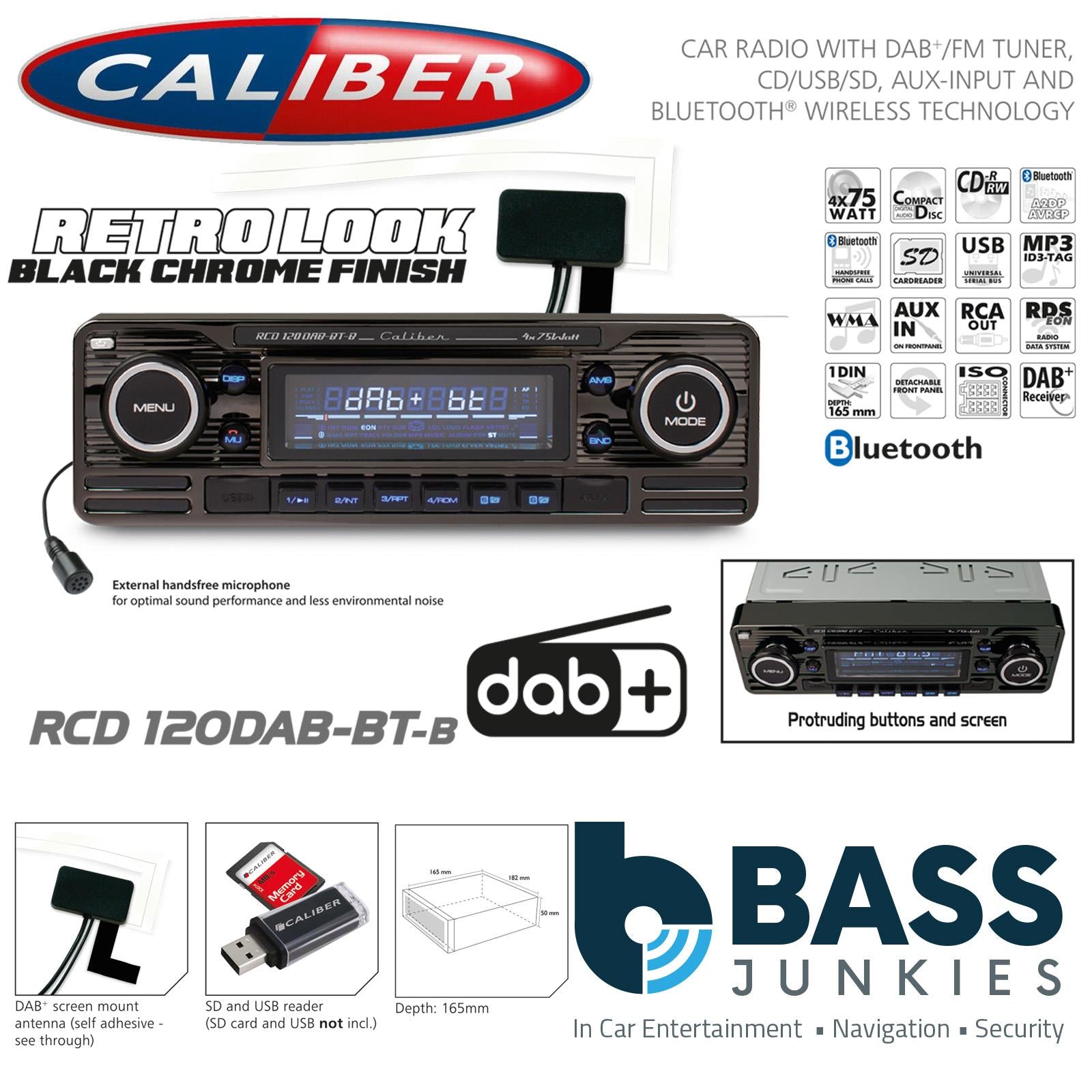 Caliber RCD120DAB-BT CD MP3 DAB+ Bluetooth Retro Style Car Stereo Black Finish