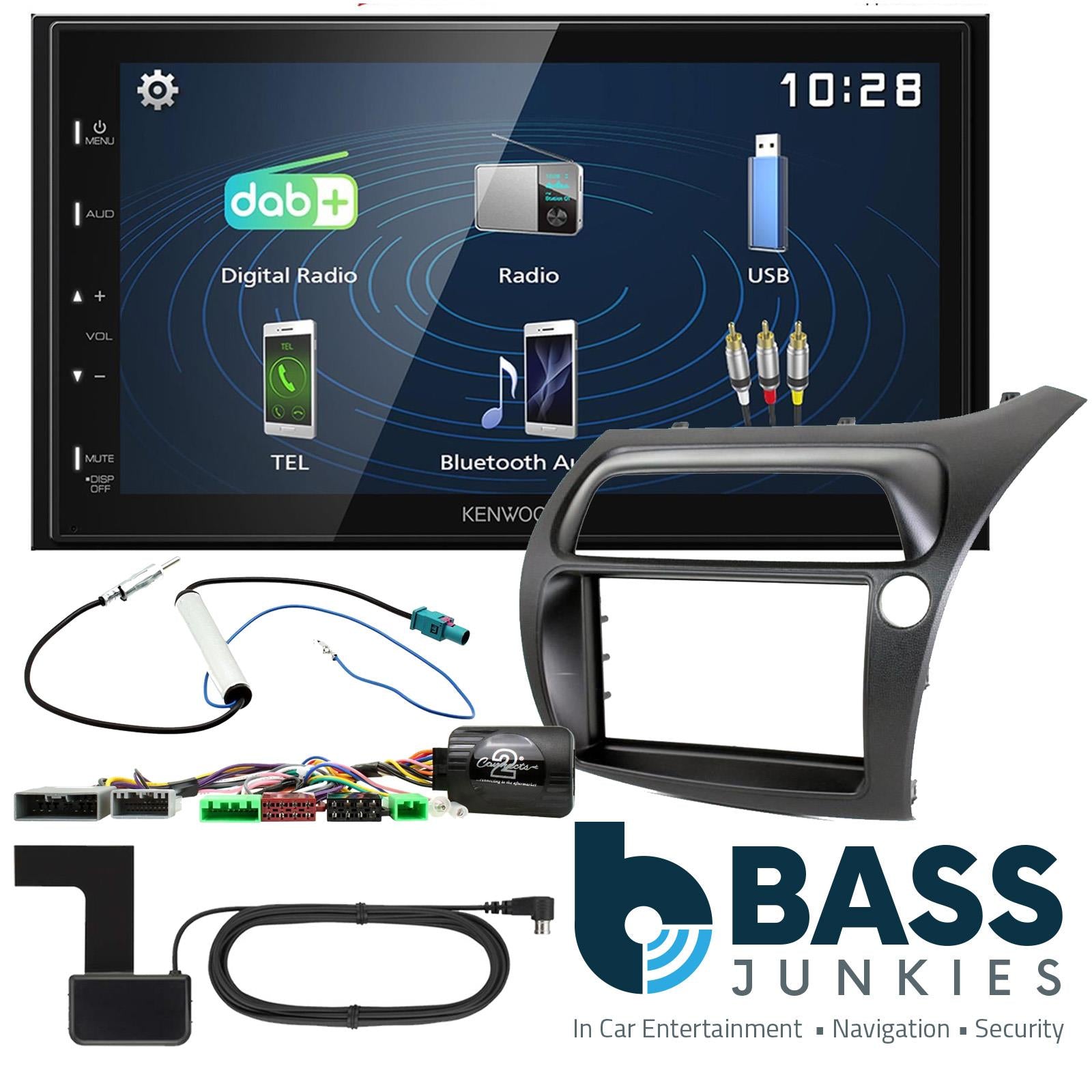 Connects2 CTKHD01 - Honda Civic 2006 - 2011 FN1 FN2 TYPE R Models Double Din Fascia Panel & Steering Wheel Interface with Kenwood 6.8" USB DAB Android Mirroring Touchscreen Upgrade Kit