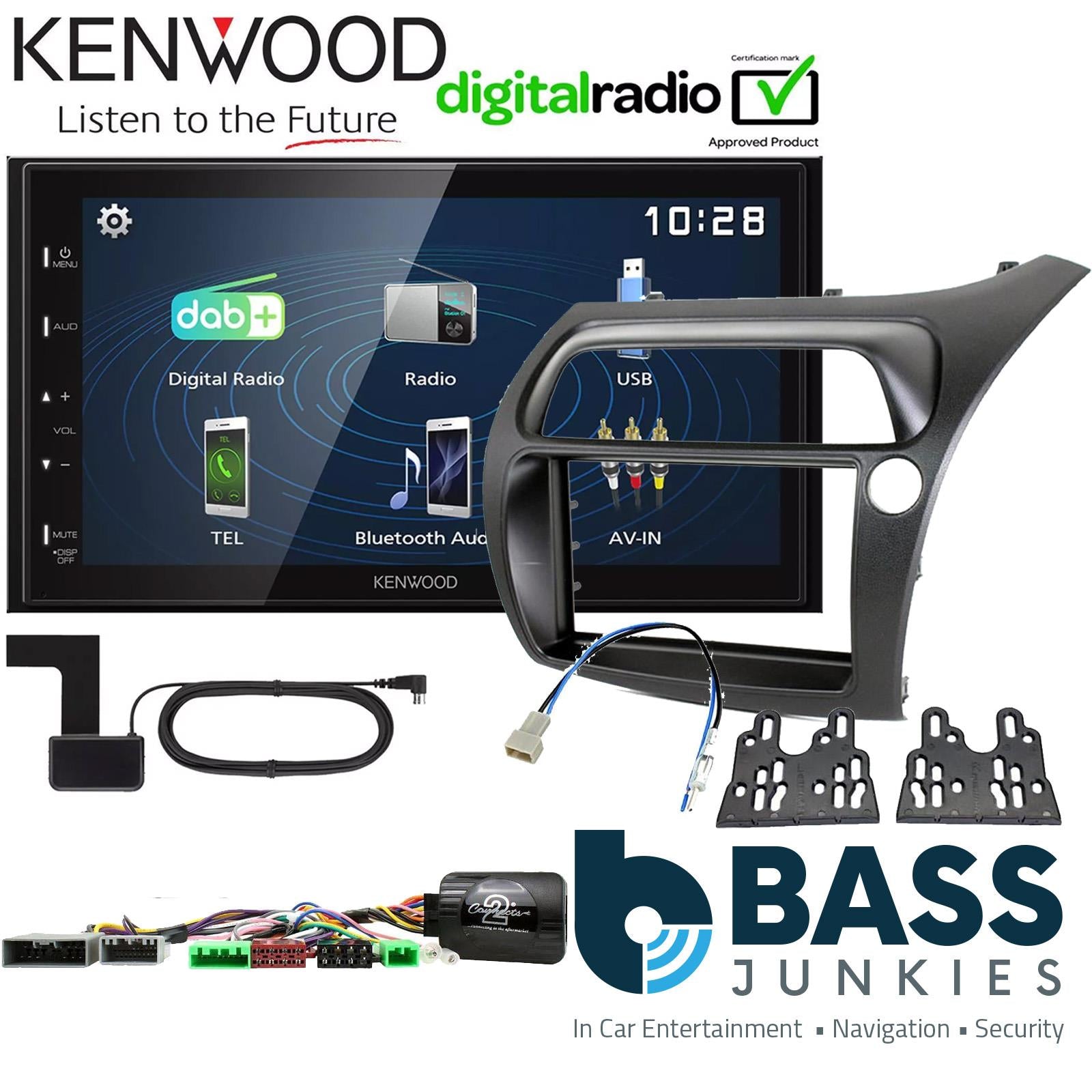 Connects2 CTKHD01 - Honda Civic 2006 - 2011 FN1 FN2 TYPE R Models Double Din Fascia Panel & Steering Wheel Interface with Kenwood 6.8" USB DAB Android Mirroring Touchscreen Upgrade Kit
