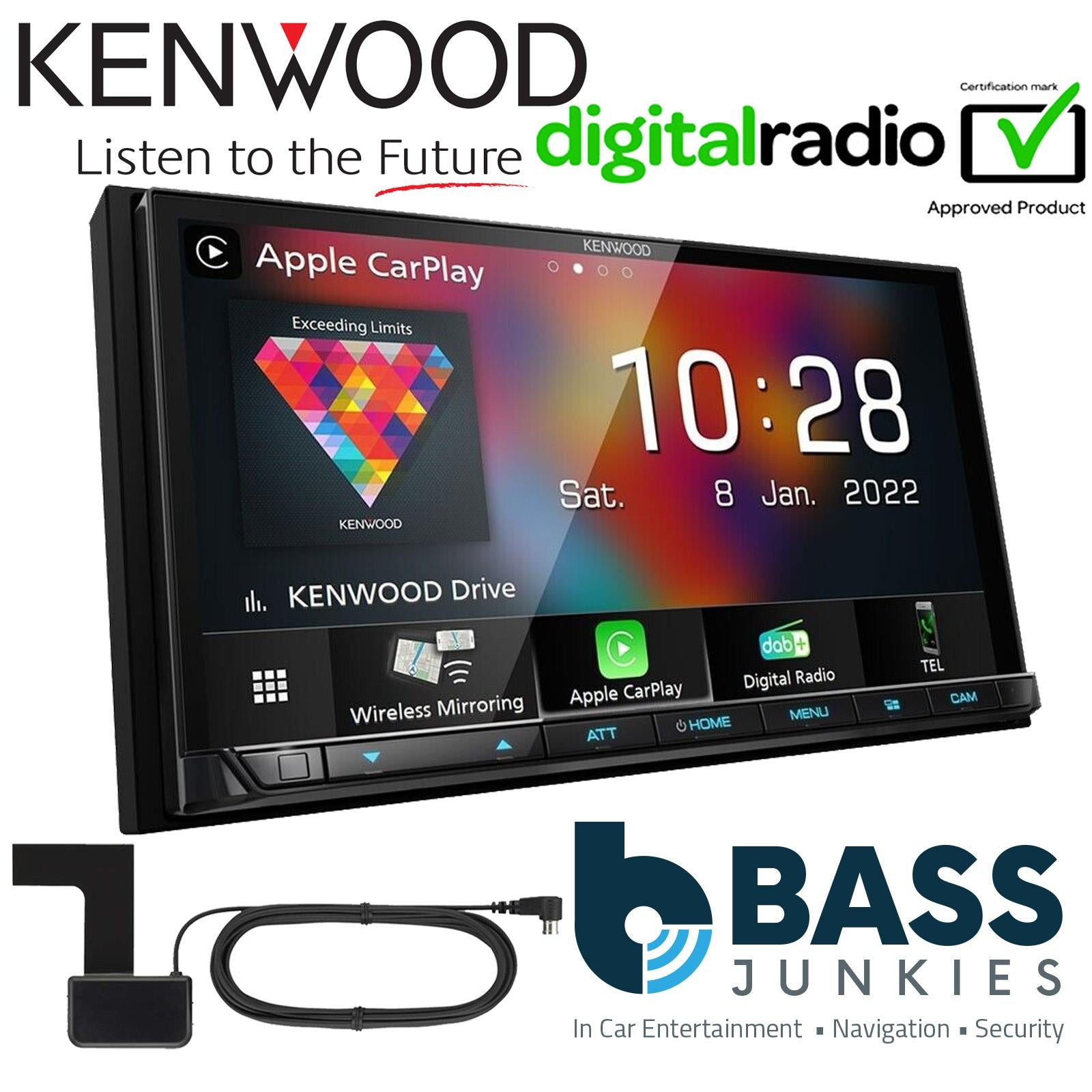 Kenwood DMX8021DABS 7" Screen CarPlay Android Bluetooth DAB+ Car Stereo & Aerial