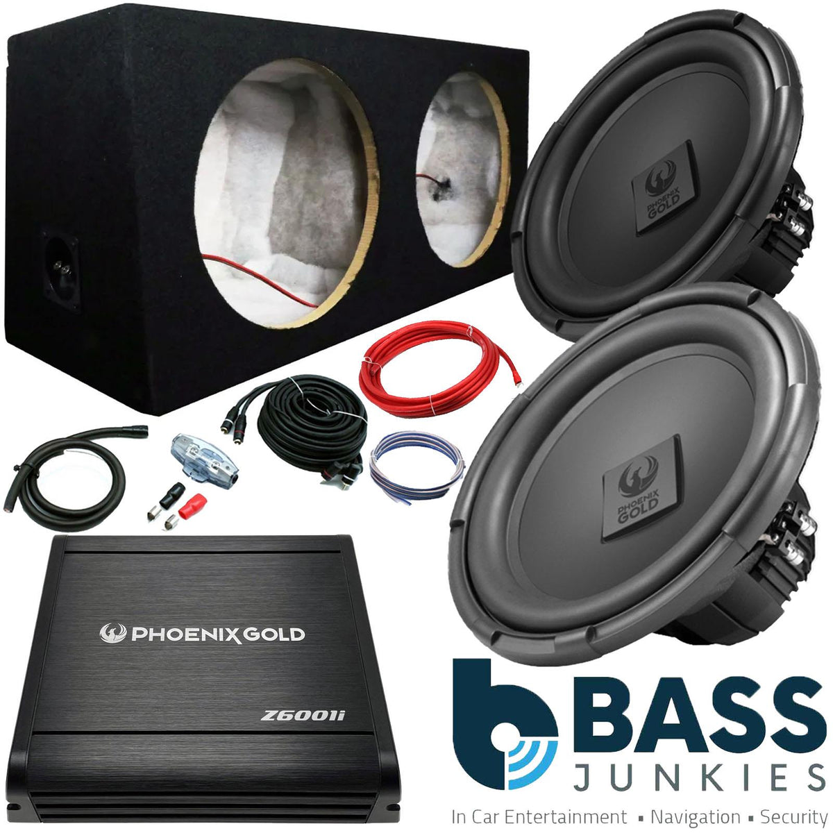 Phoenix Gold 12" 800W Subwoofer Pair 600W Amp 12" Dual Box & 4AWG Wiring Kit