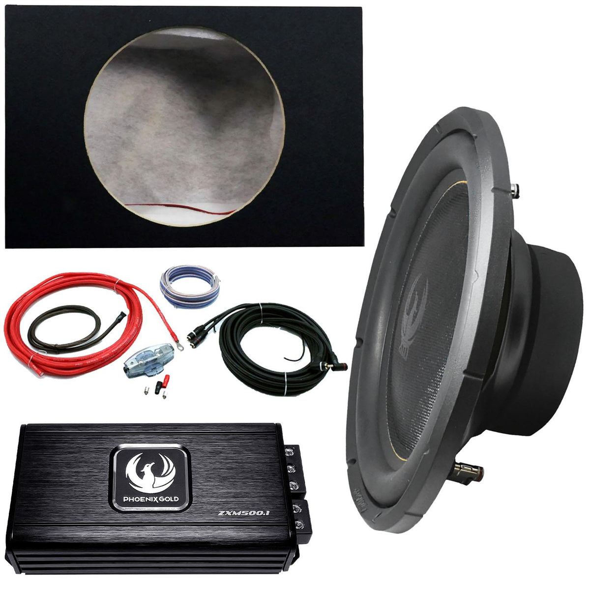 Phoenix Gold 12" 600W Slim Sub ZXM500.1 500W Amp 12" Box & 8AWG Wiring Kit