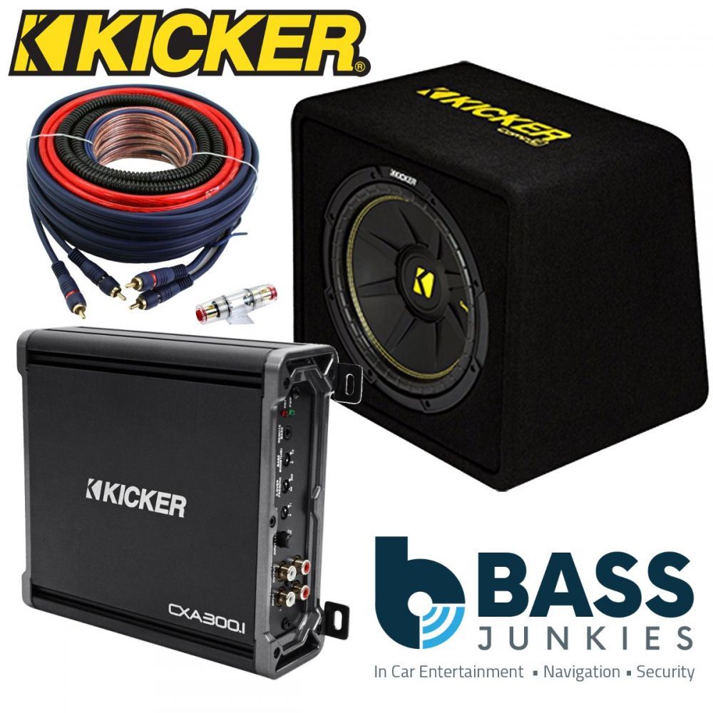 Kicker 44VCWC124 - CompC 12" 600 Watts 4 Ohm Ported Car Subwoofer Enclosure & Kicker CXA300.1 300 Watts Monoblock Class D Car Amplifier