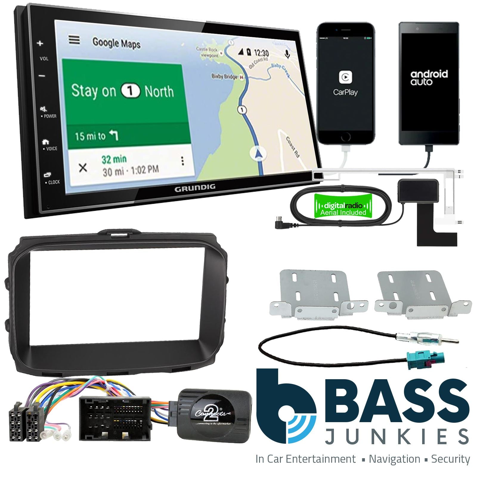 Grundig 6.8" Apple Android Double Din Stereo Fitting Kit + Steering Wheel Stalk Controls to fit Alfa Romeo Giulietta 14-21