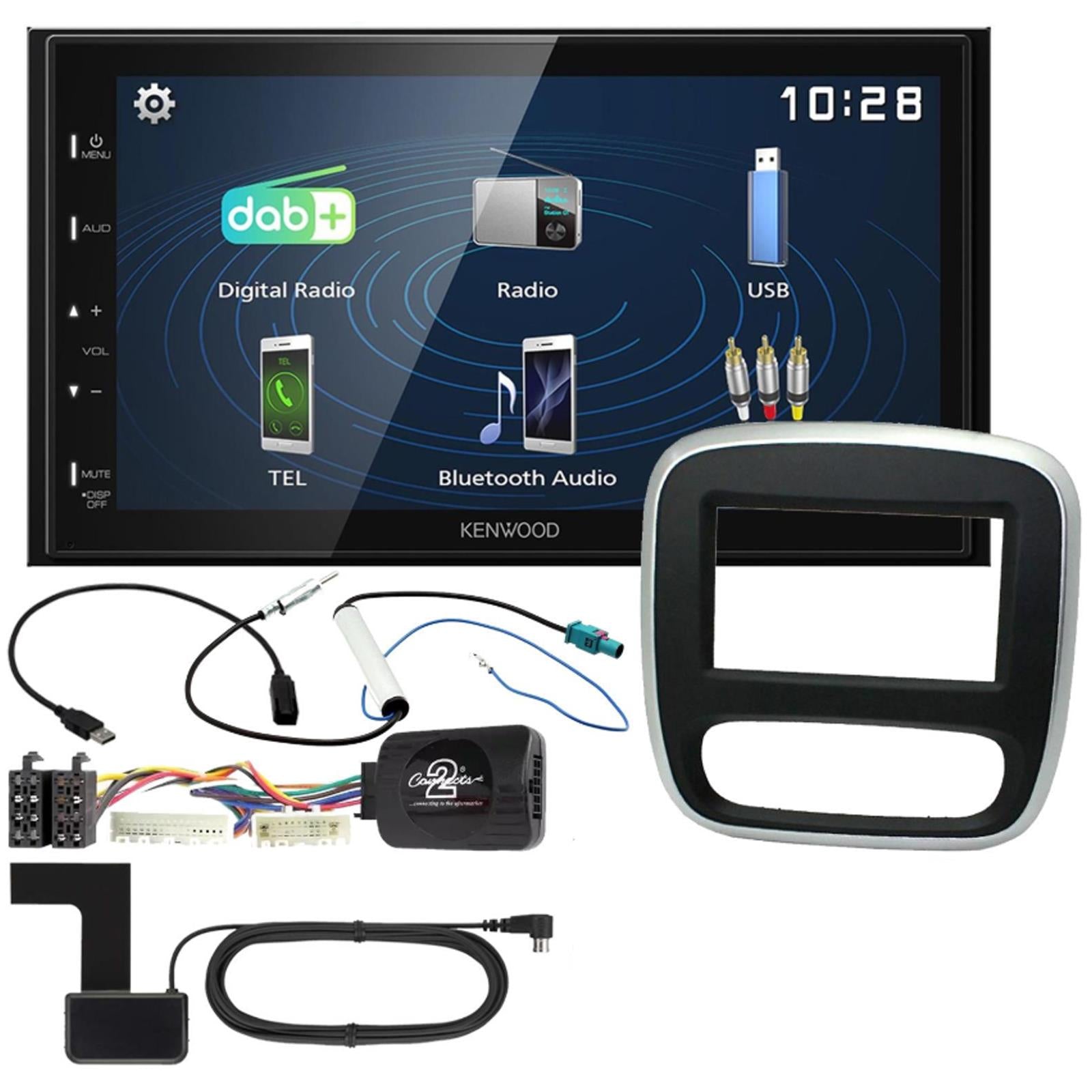 Connects2 CTKVX38 - Vauxhall Vivaro 2014 - 2018 Silver Double Din Fascia Panel & Steering Wheel Interface with Kenwood 6.8" USB DAB Android Mirroring Touchscreen Upgrade Kit