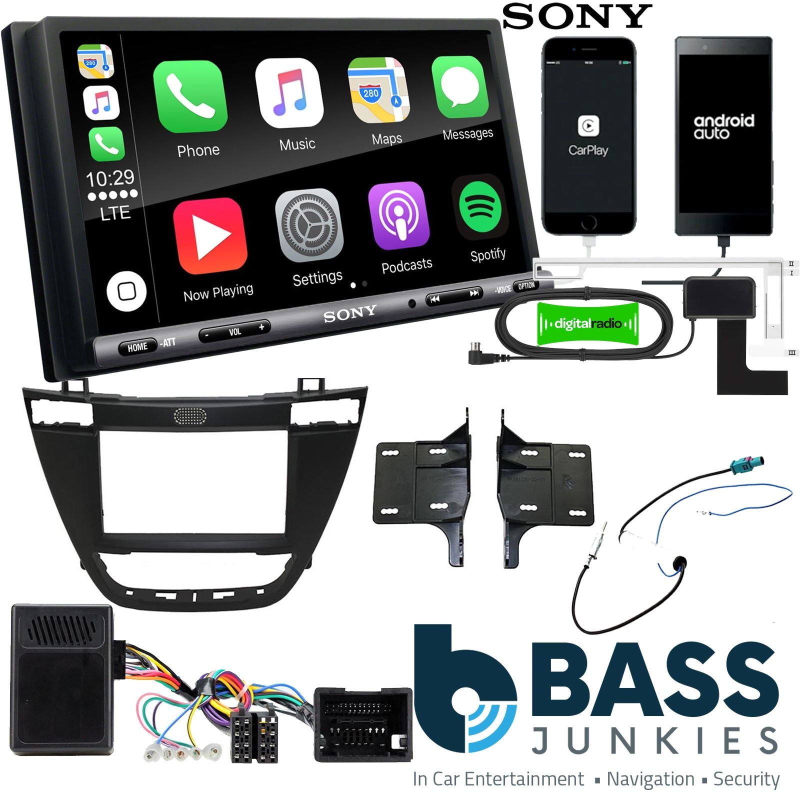 SONY DAB+ Apple | Android Double Din Stereo Fitting Kit + Steering Wheel Stalk Controls to fit Vauxhall Insignia 2008-13