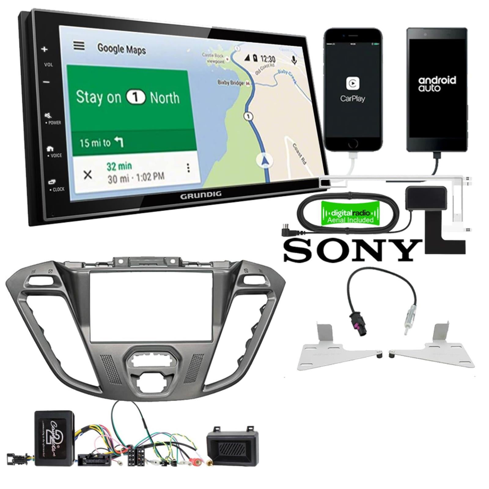 Grundig 6.8" Apple Android Double Din Stereo Fitting Kit + Steering Wheel Stalk Controls to fit Ford Transit-Custom 12-16