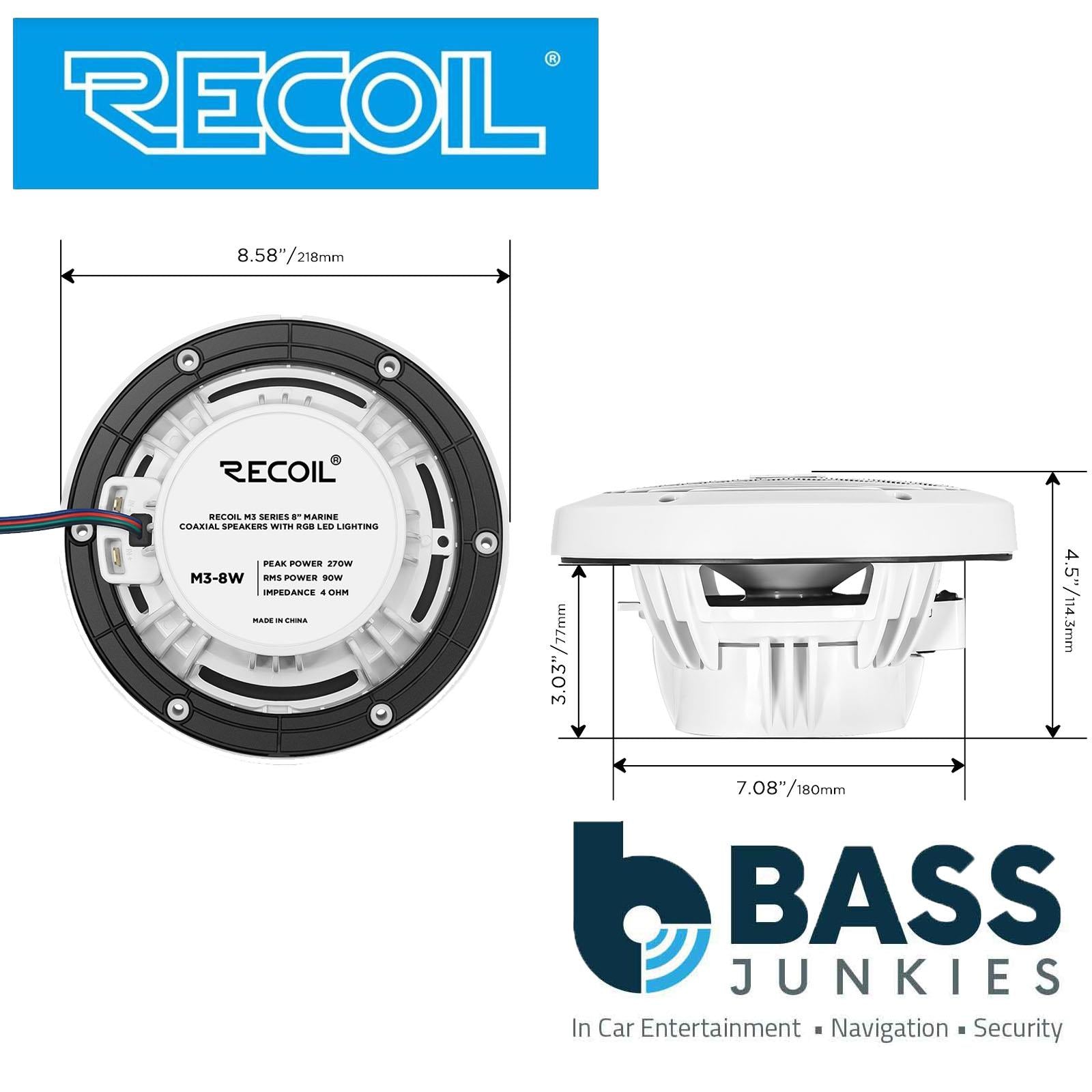 Recoil M3-8W - 8" 20cm White Marine Boat Outdoor Speakers with Built-in RGB LED