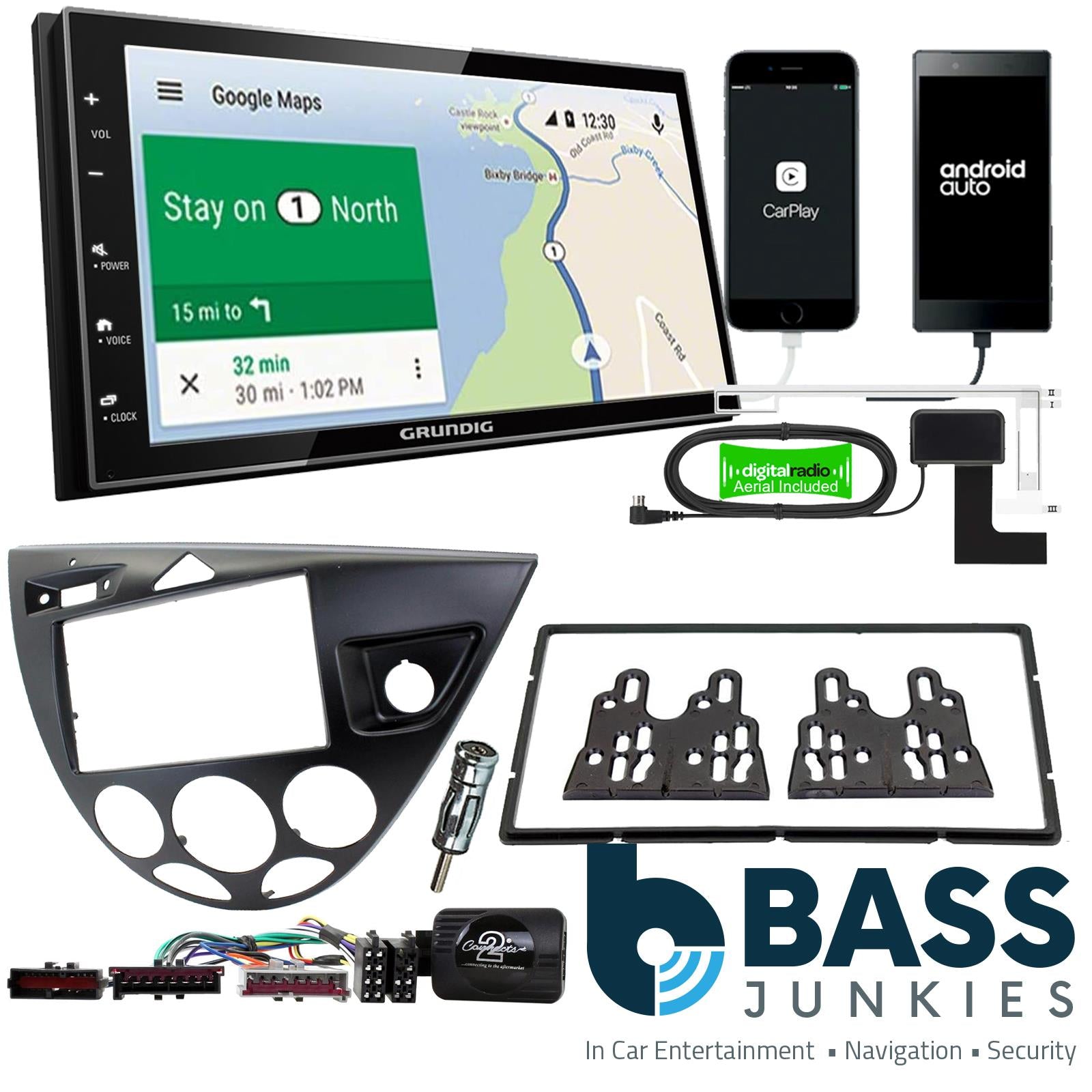 Grundig 6.8" Apple Android Double Din Stereo Fitting Kit + Steering Wheel Stalk Controls to fit Ford Focus 1999-04