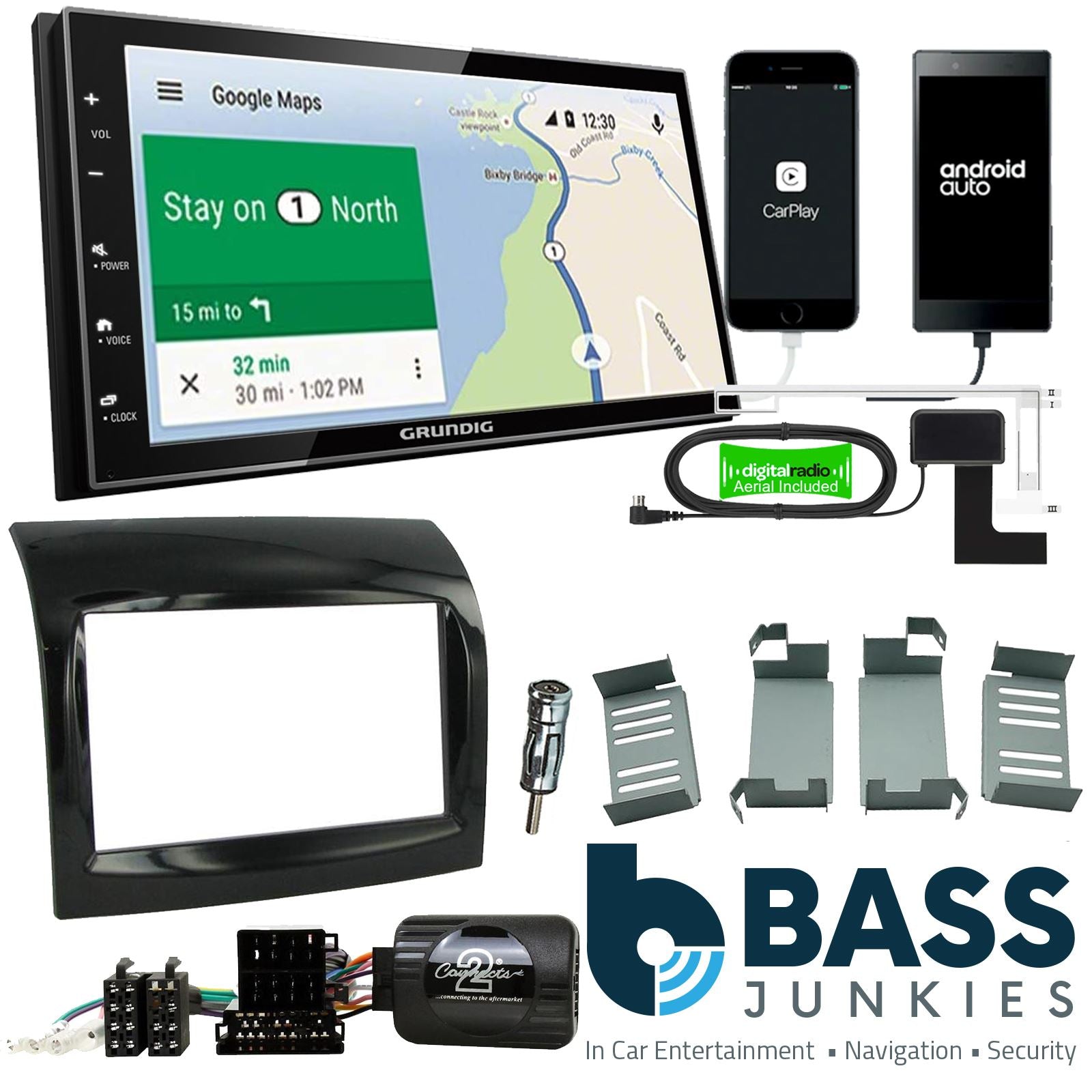 Grundig 6.8" Apple Android Double Din Stereo Fitting Kit + Steering Wheel Stalk Controls to fit Fiat Ducato 2012-14