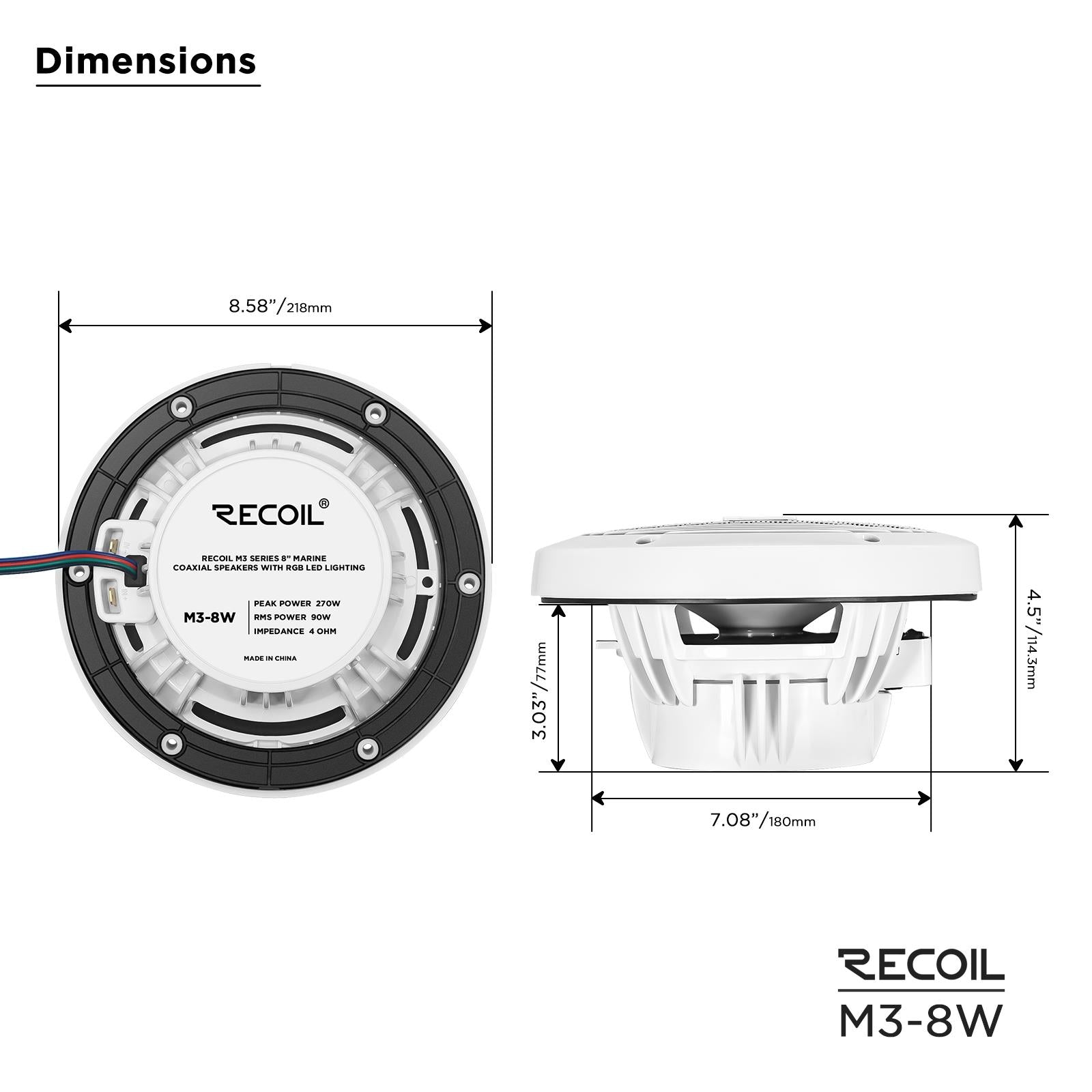 Recoil M3-8W - 8" 20cm White Marine Boat Outdoor Speakers with Built-in RGB LED