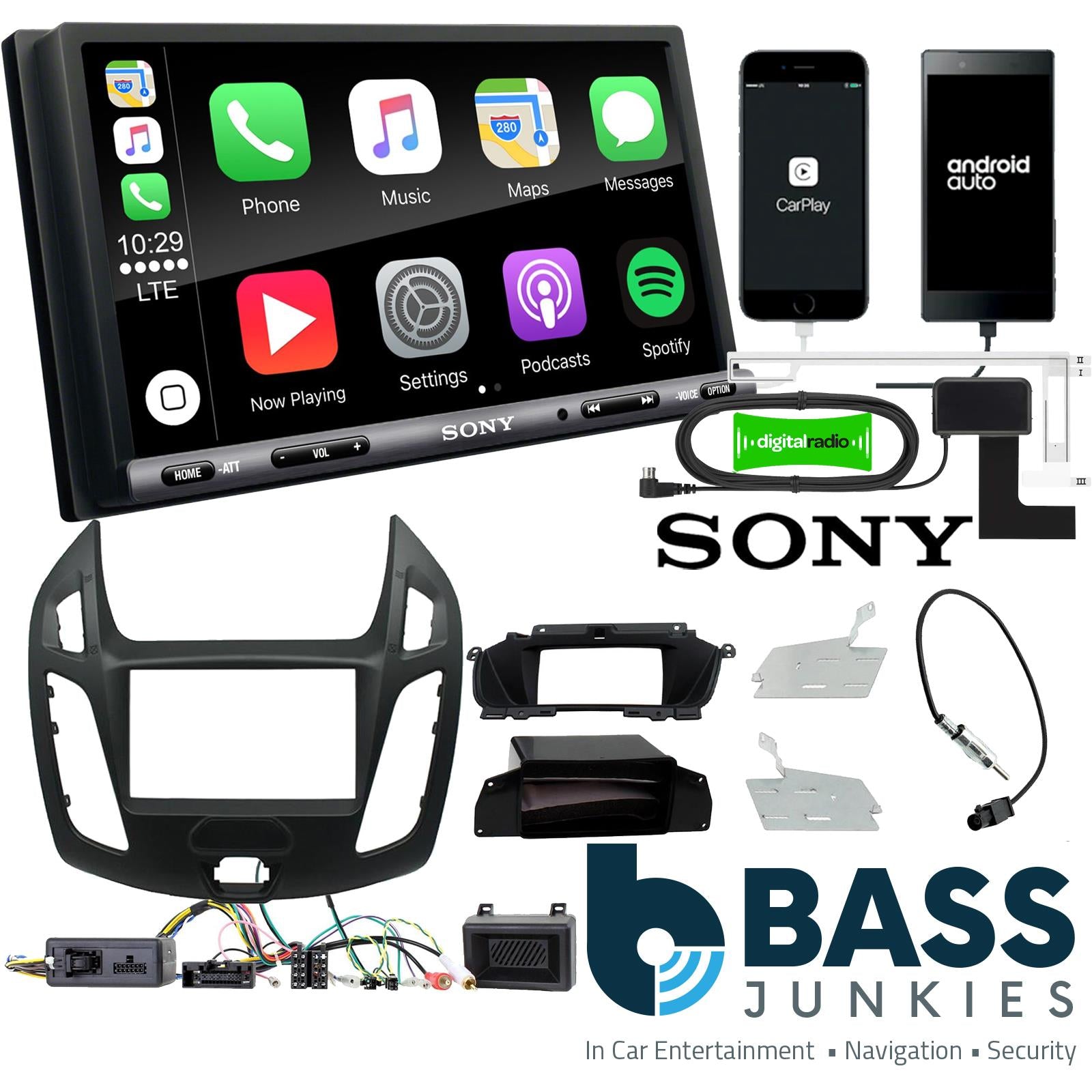 SONY DAB+ Apple | Android Double Din Stereo Fitting Kit + Steering Wheel Stalk Controls to fit Ford Transit-Connect 13-