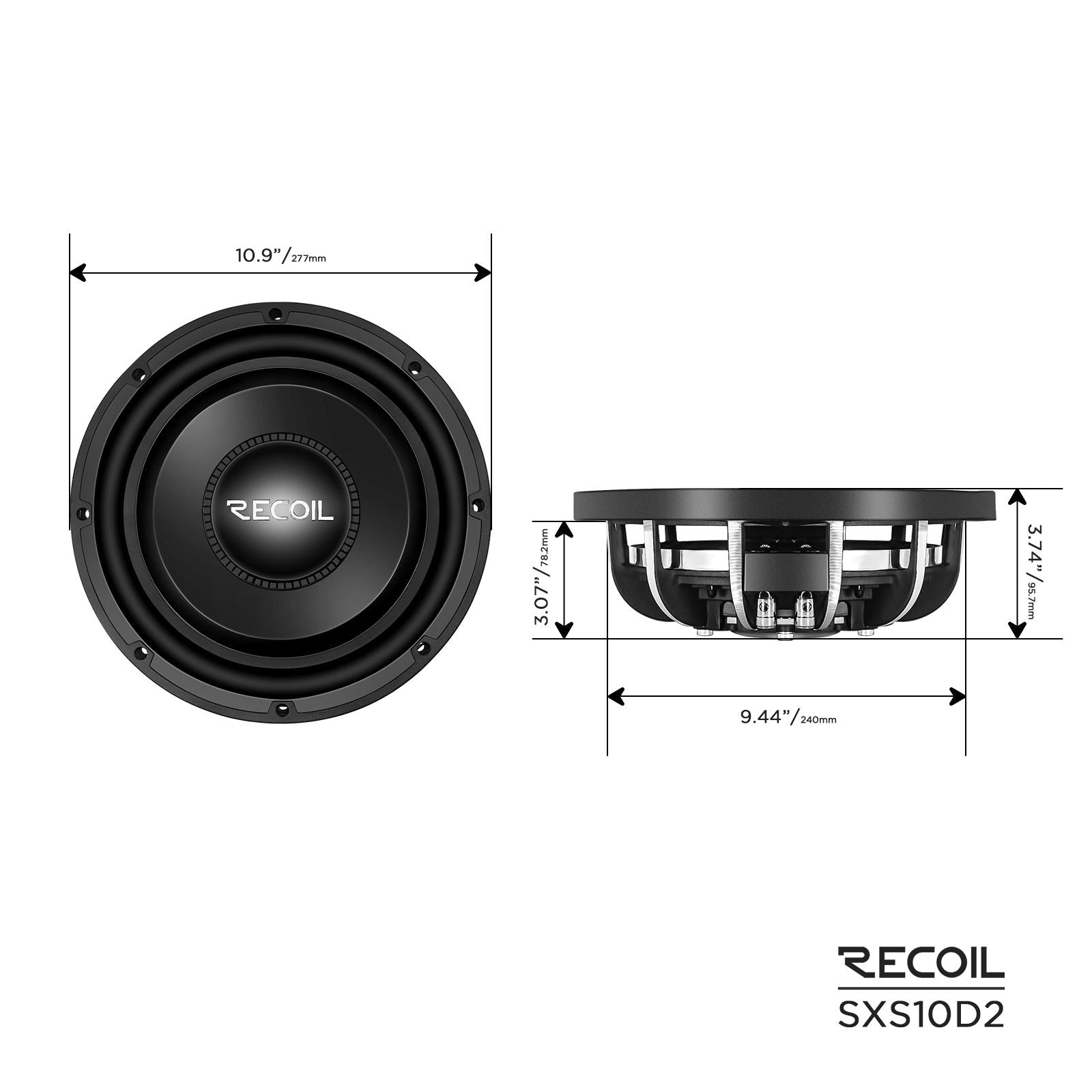 Recoil SXS10D2 - 600 Watts 10" Ultra Slim Shallow Dual 2 Ohm Car Sub Subwoofer