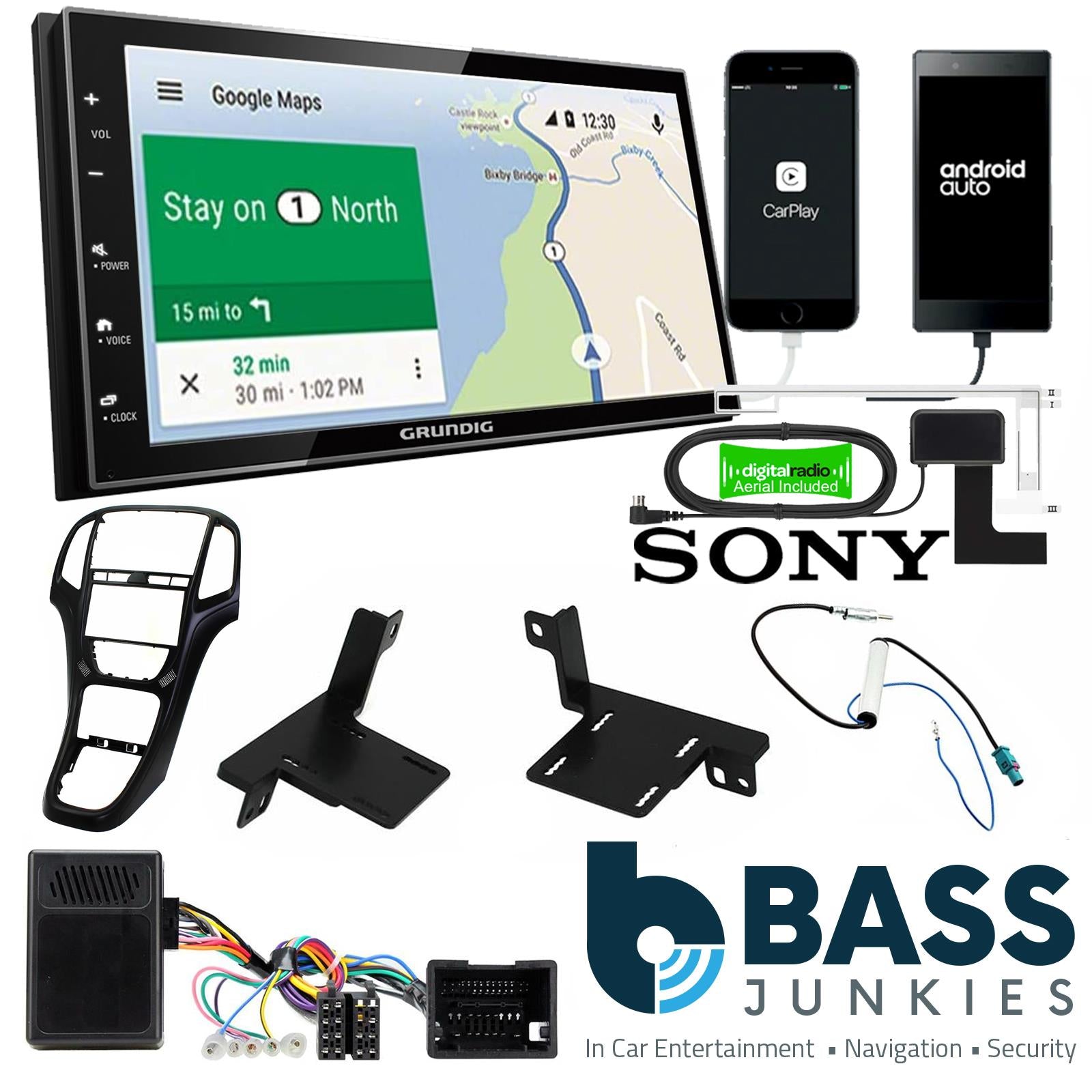 Grundig 6.8" Apple Android Double Din Stereo Fitting Kit + Steering Wheel Stalk Controls to fit Vauxhall Astra 2010-16