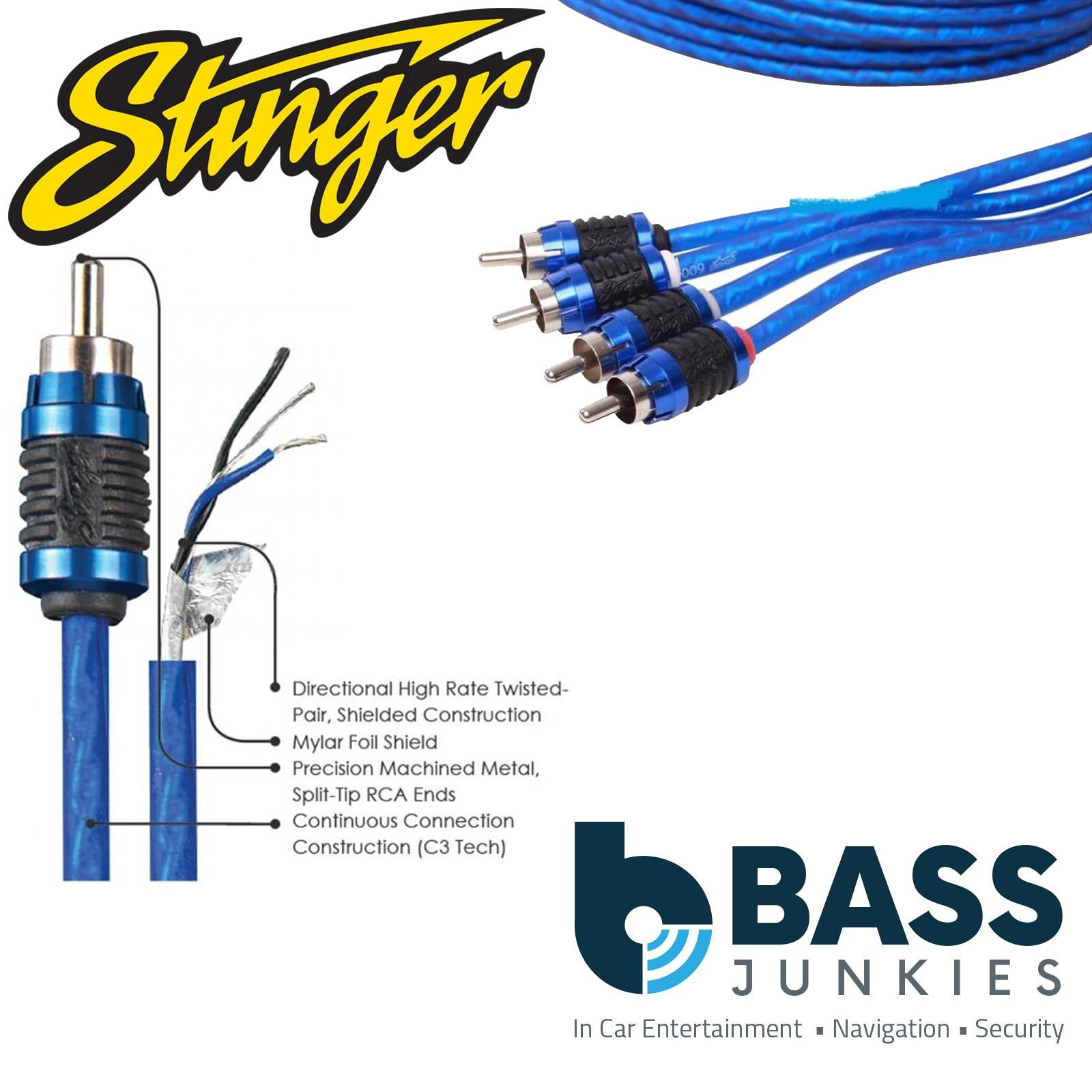 Stinger SI6412 6000 Series 3.66 Metre 12Ft 4CH Shielded Directional Twisted RCA Phono Car Stereo Cable