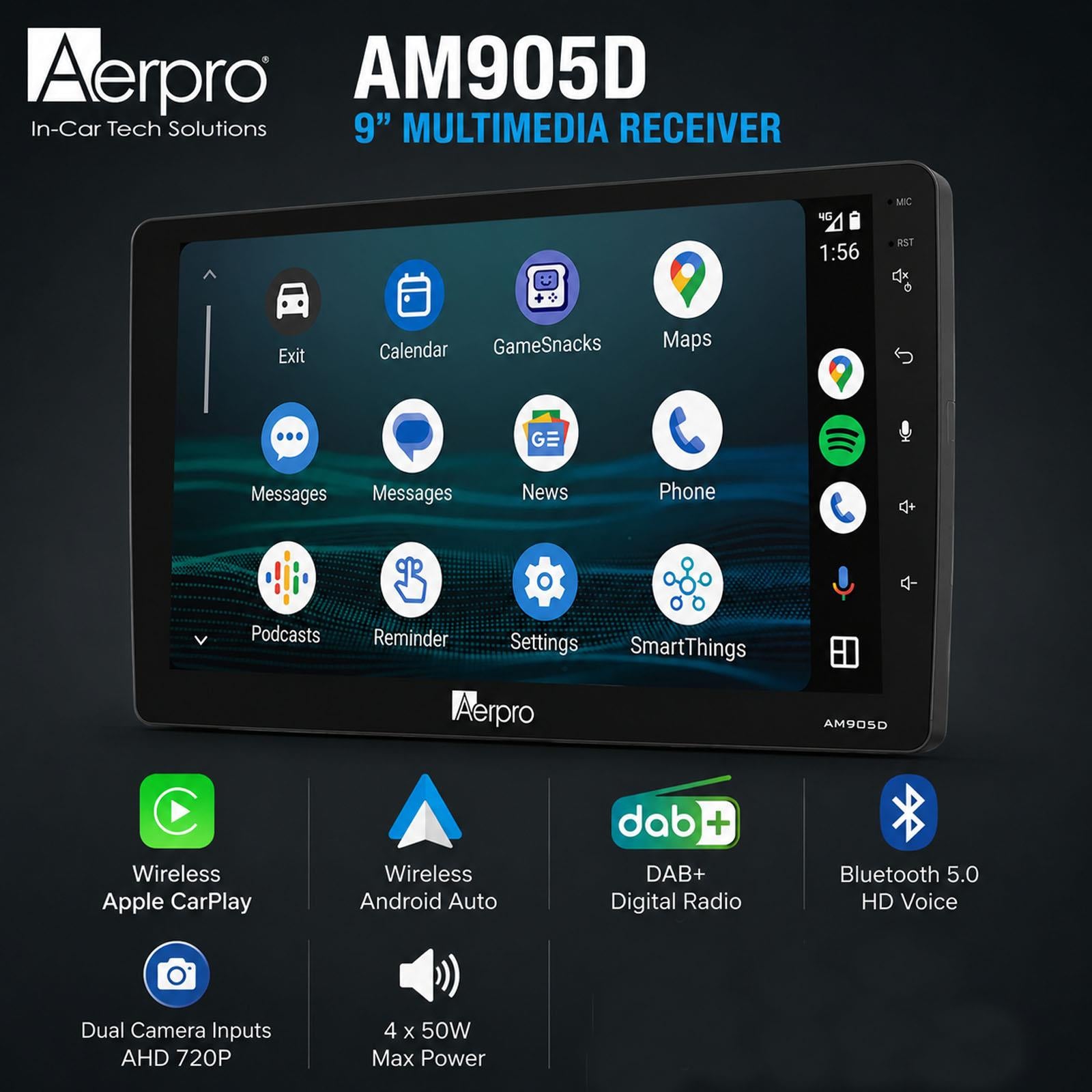9" Multimedia Receiver with Wireless Apple CarPlay, Android Auto & DAB+