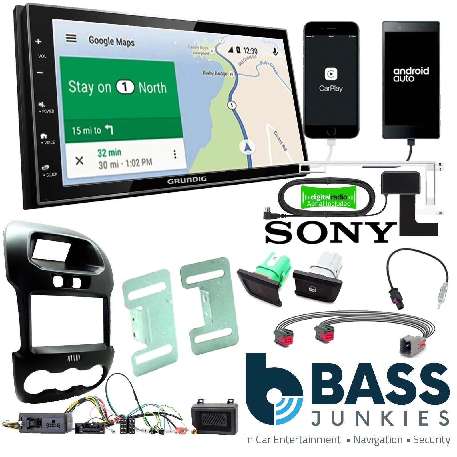 Grundig 6.8" Apple Android Double Din Stereo Fitting Kit + Steering Wheel Stalk Controls to fit Ford Ranger 2012-16