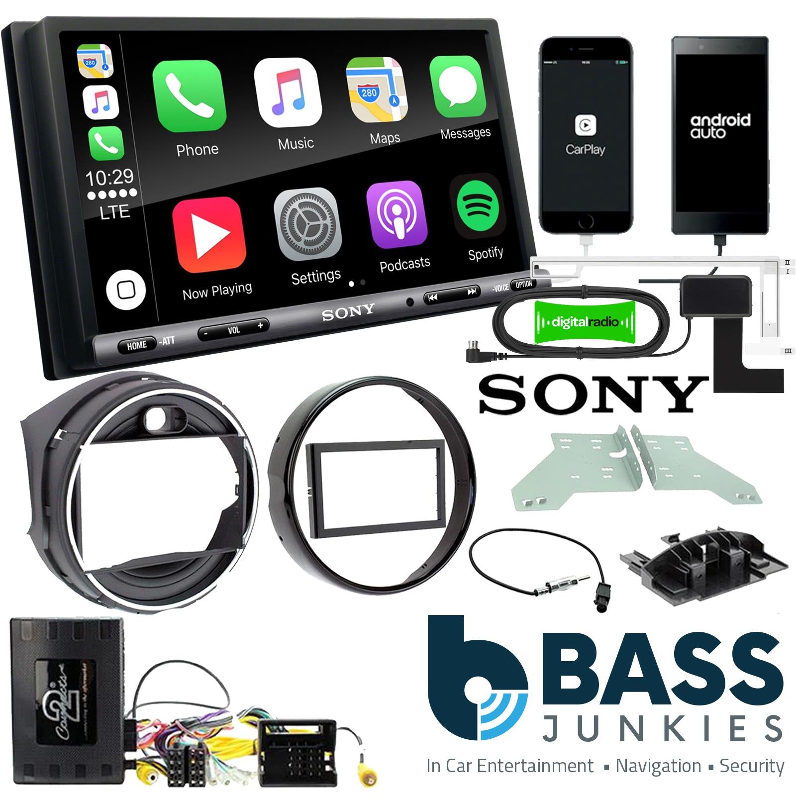 SONY DAB+ Apple | Android Double Din Stereo Fitting Kit + Steering Wheel Stalk Controls to fit BMW Mini 2013-16