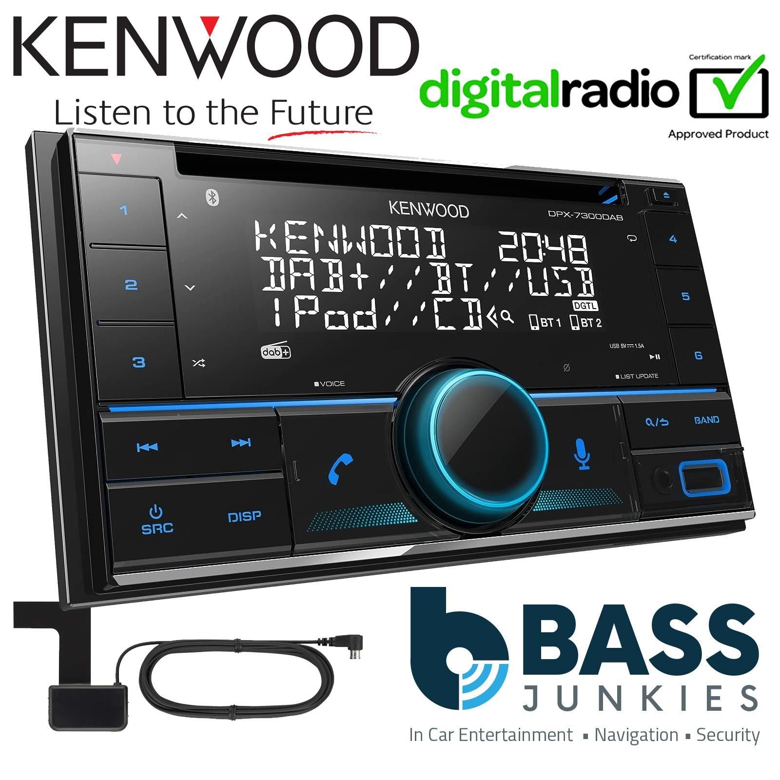 Kenwood DPX-7300DAB - Double Din Bluetooth USB CD DAB Radio Stereo & Double Din Fascia & Steering Wheel Kit for Mercedes CLK 2004-2009