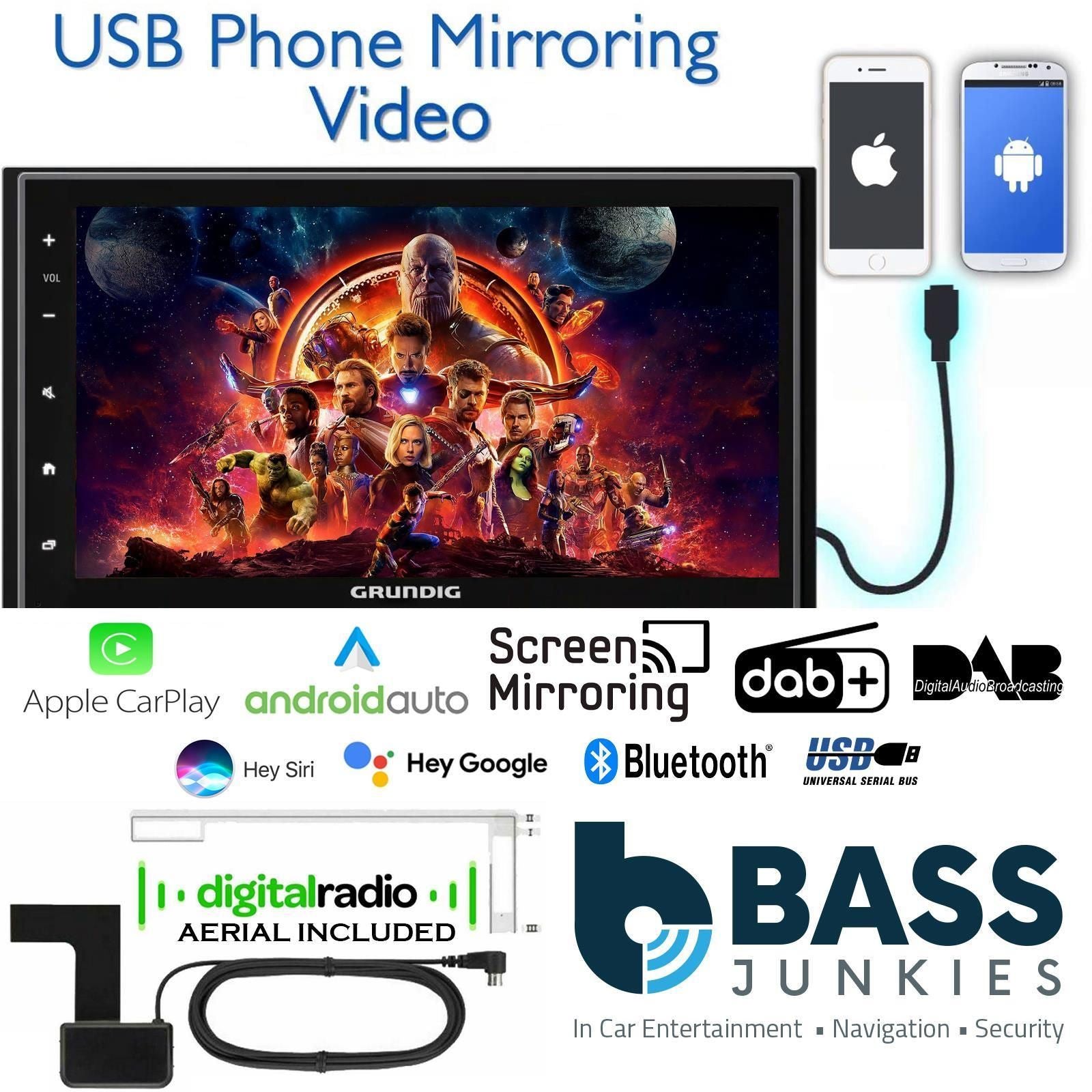 Grundig 6.8" Apple Android Double Din Stereo & Fitting Kit + Steering Wheel Stalk Controls to fit VW Caddy 15-20 | Transporter T6 15- | Beetle 15- | Jetta 11-18 | Tiguan 15-20 | Sharan 15-21