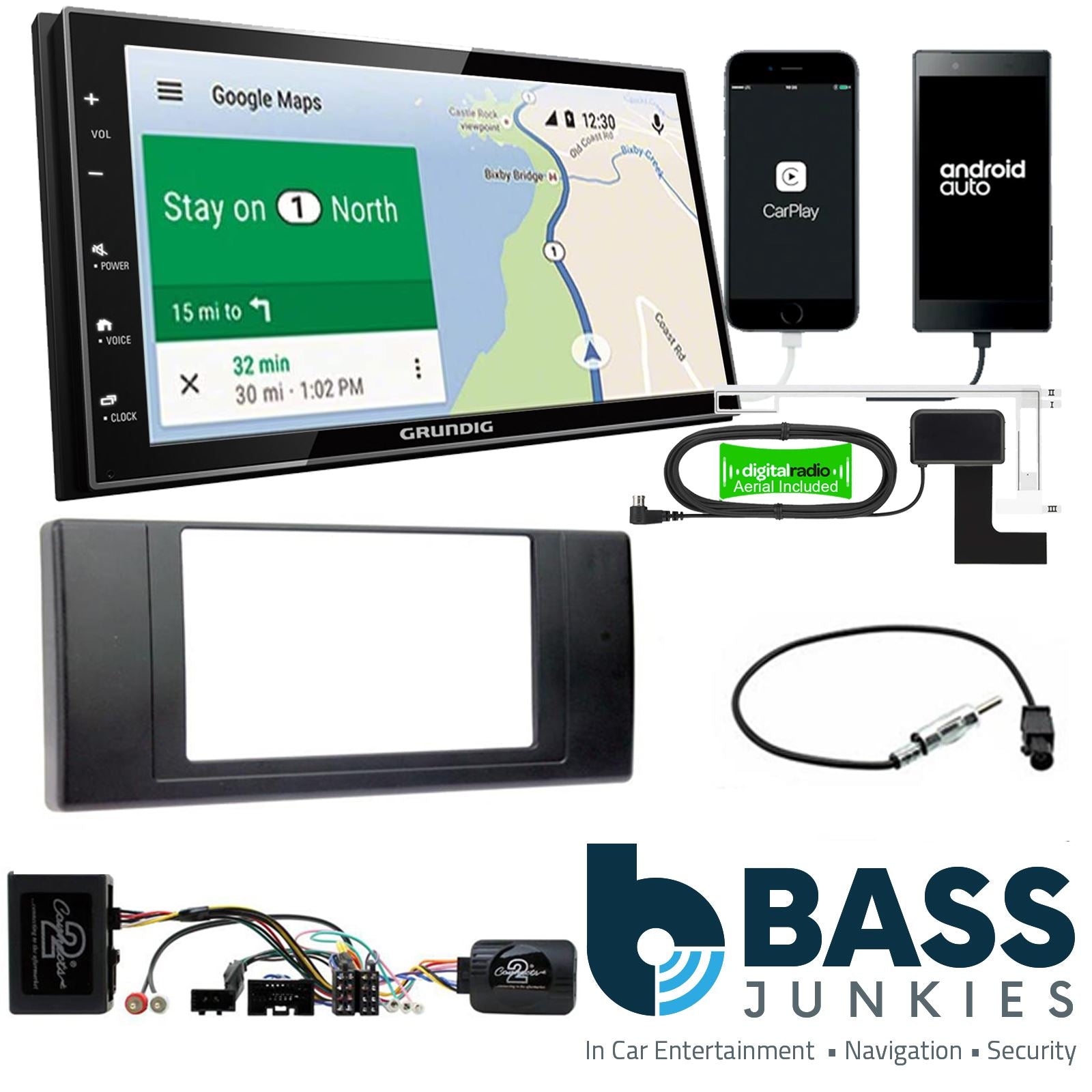 Grundig 6.8" Apple Android Double Din Stereo Fitting Kit + Steering Wheel Stalk Controls to fit Land Rover Range-Rover-Vogue 06-12
