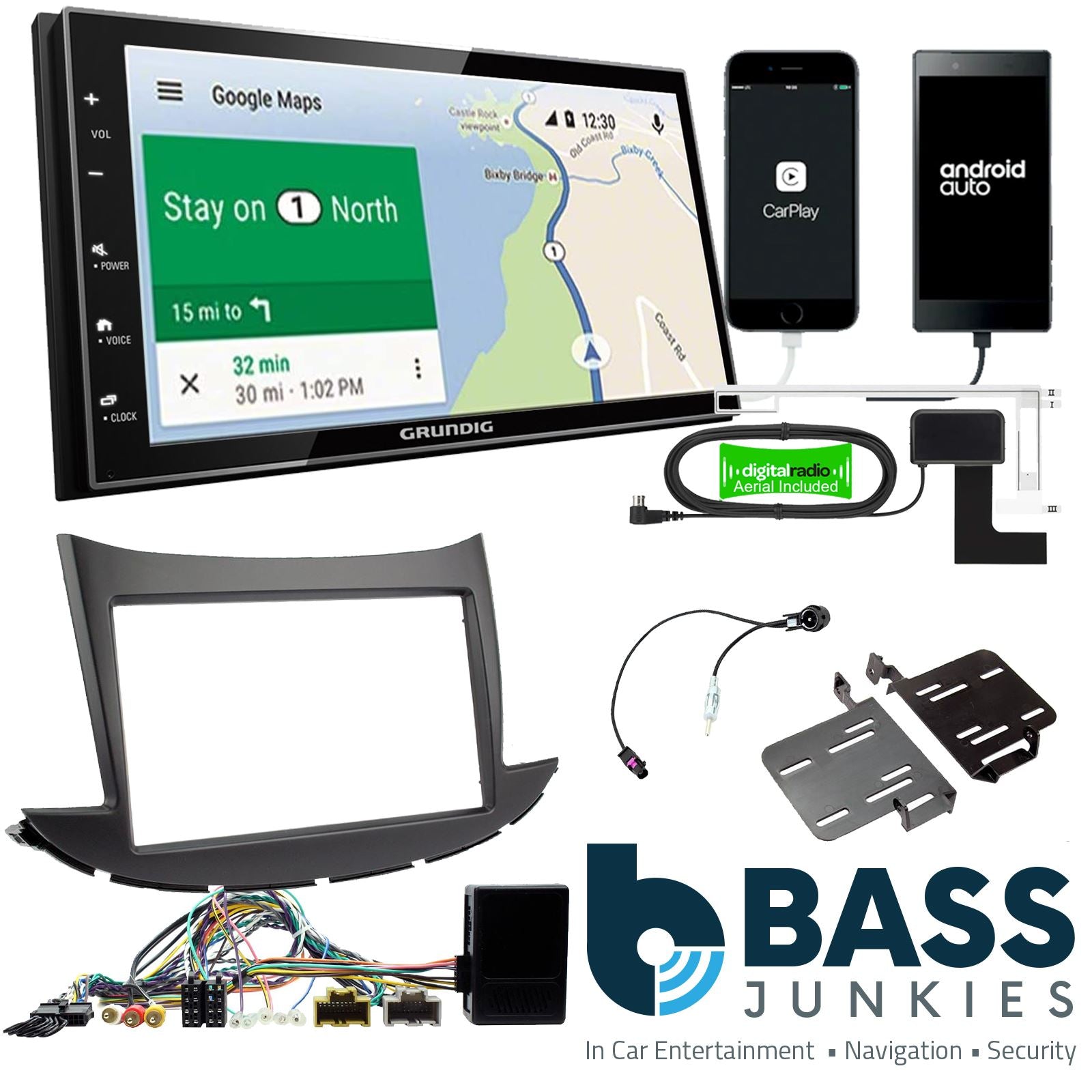 Grundig 6.8" Apple Android Double Din Stereo Fitting Kit + Steering Wheel Stalk Controls to fit Chevrolet Trax 2017-21