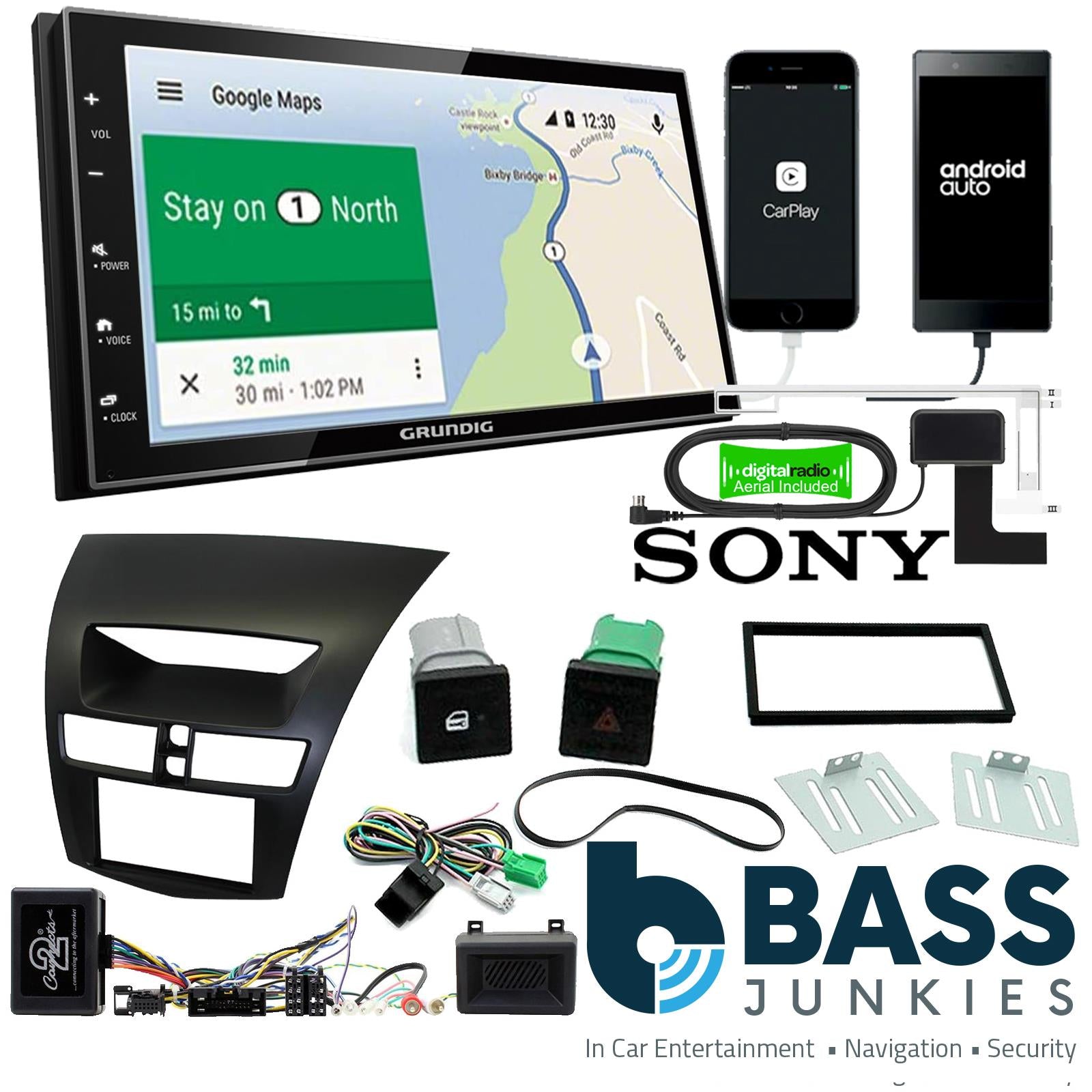 Grundig 6.8" Apple Android Double Din Stereo Fitting Kit + Steering Wheel Stalk Controls to fit Mazda BT-50 2012-17