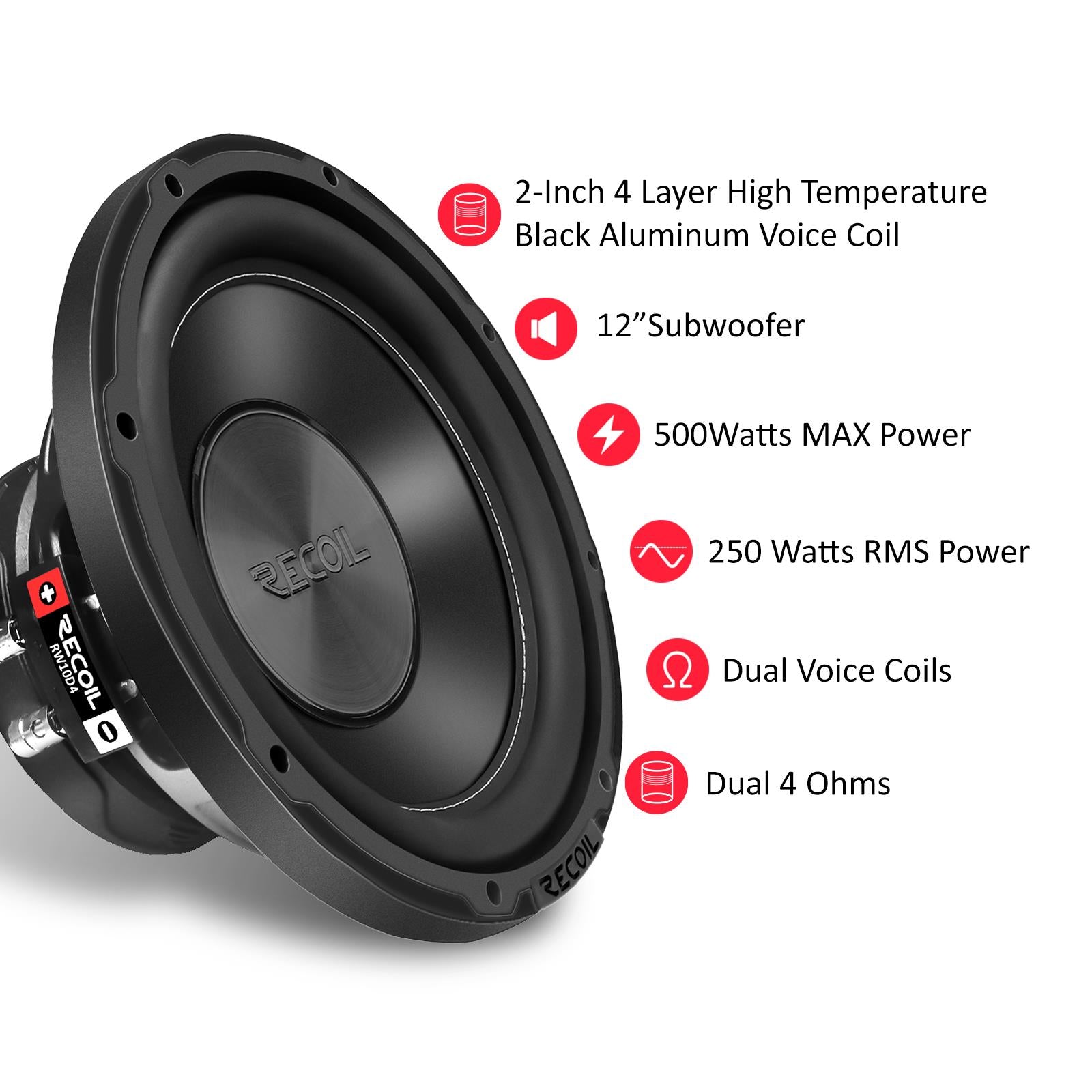 Recoil RW10D4 - 500 Watts 10" Inch 25cm Dual Voice Coil 4-Ohm Car Sub Subwoofer