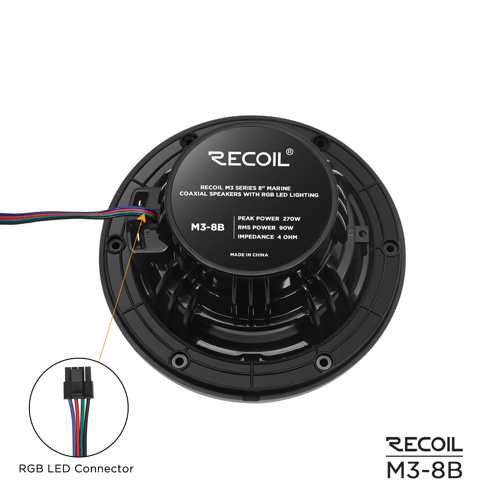 Recoil M3-8B - 8" 20cm Black Marine Boat Outdoor Speakers with Built-in RGB LED