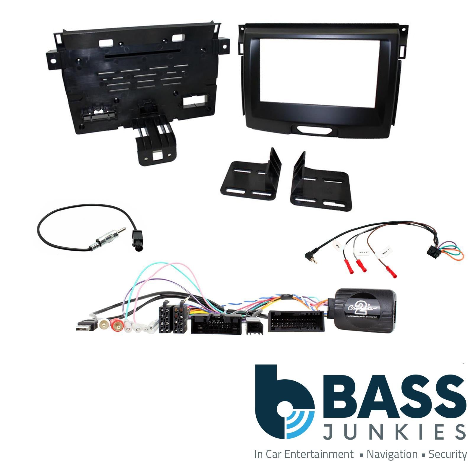 Connects 2 CTKFD65 - Ford Ranger 2015 Onwards Double Din Facia & Steering wheel Interface Fitting Installation Kit (Black Facia Panel)