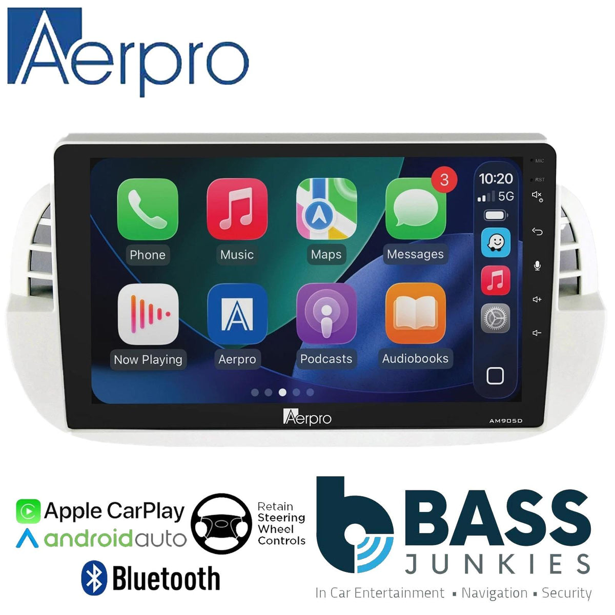 Aerpro 9" DAB CarPlay Android Car Stereo Fitting Kit For Fiat 500 2007-15 Ivory