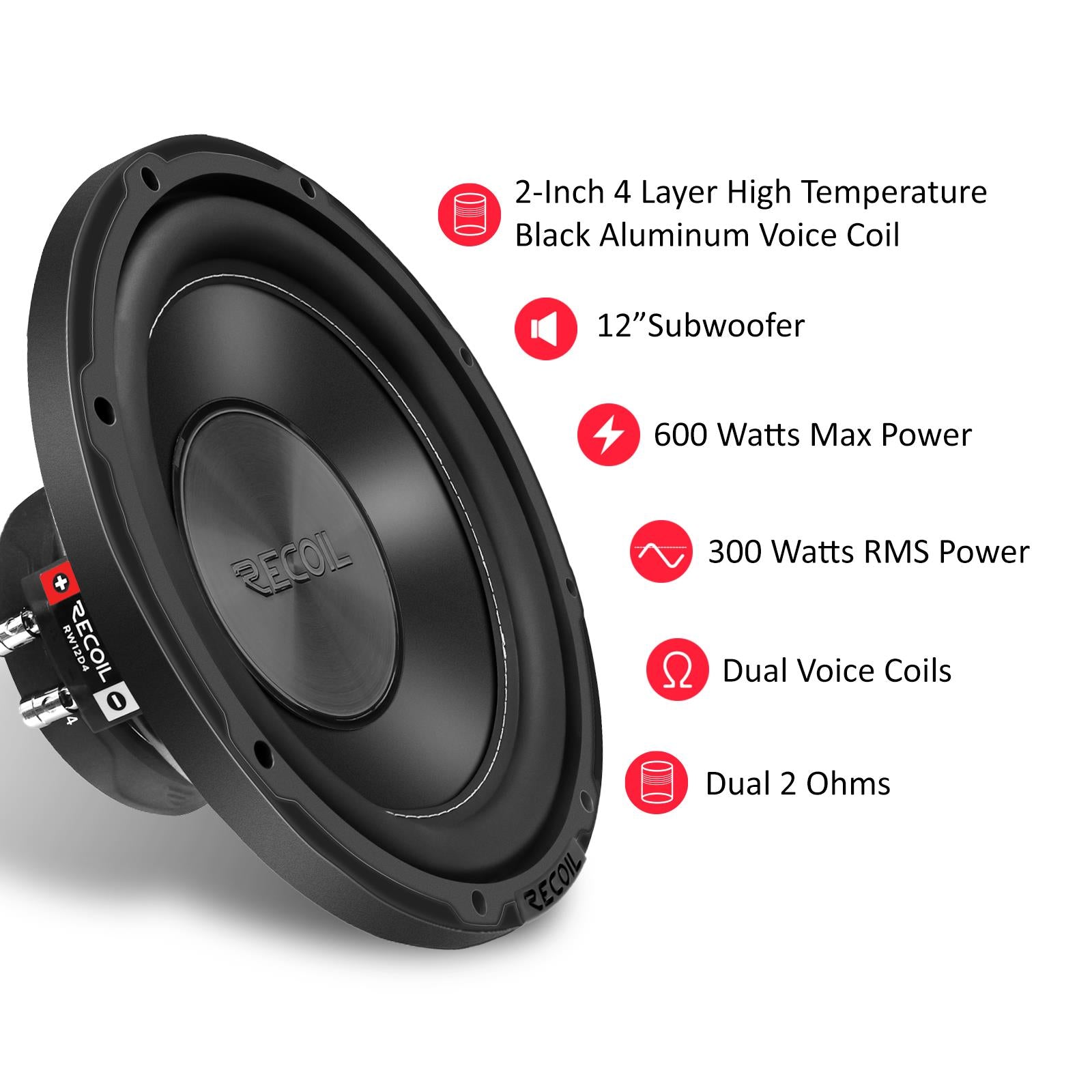 Recoil RW12D4 - 600 Watts 12" Inch 30cm Dual Voice Coil 4-Ohm Car Sub Subwoofer