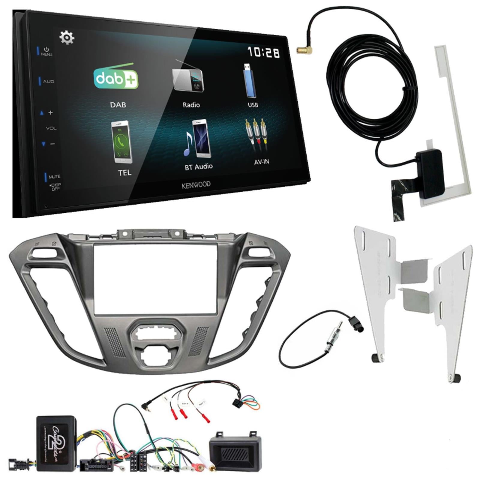 Kenwood DMX-125DAB + Connects2 Double Din Phoenix Silver Fascia + Steering Wheel Controls fits Ford Transit-Custom 2012-16