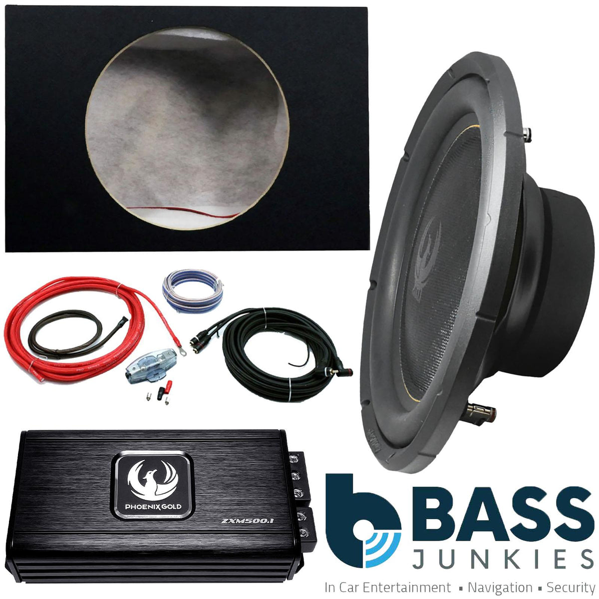 Phoenix Gold 12" 600W Slim Sub ZXM500.1 500W Amp 12" Box & 8AWG Wiring Kit