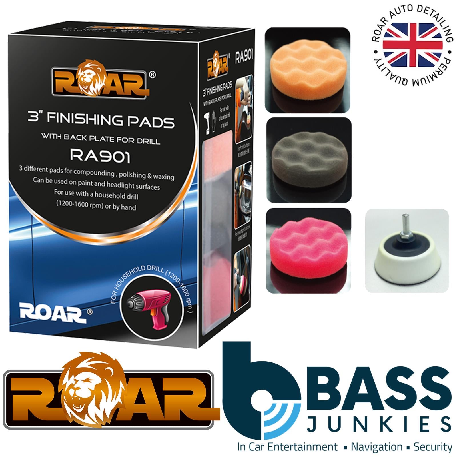 ROAR RA901 3" Polishing Pad Pack for Household Drill or Hand Compound|Polish|Wax Can be used on paint and headlight surfaces For use with a polisher, drill (1200-1600 rpm) or by hand