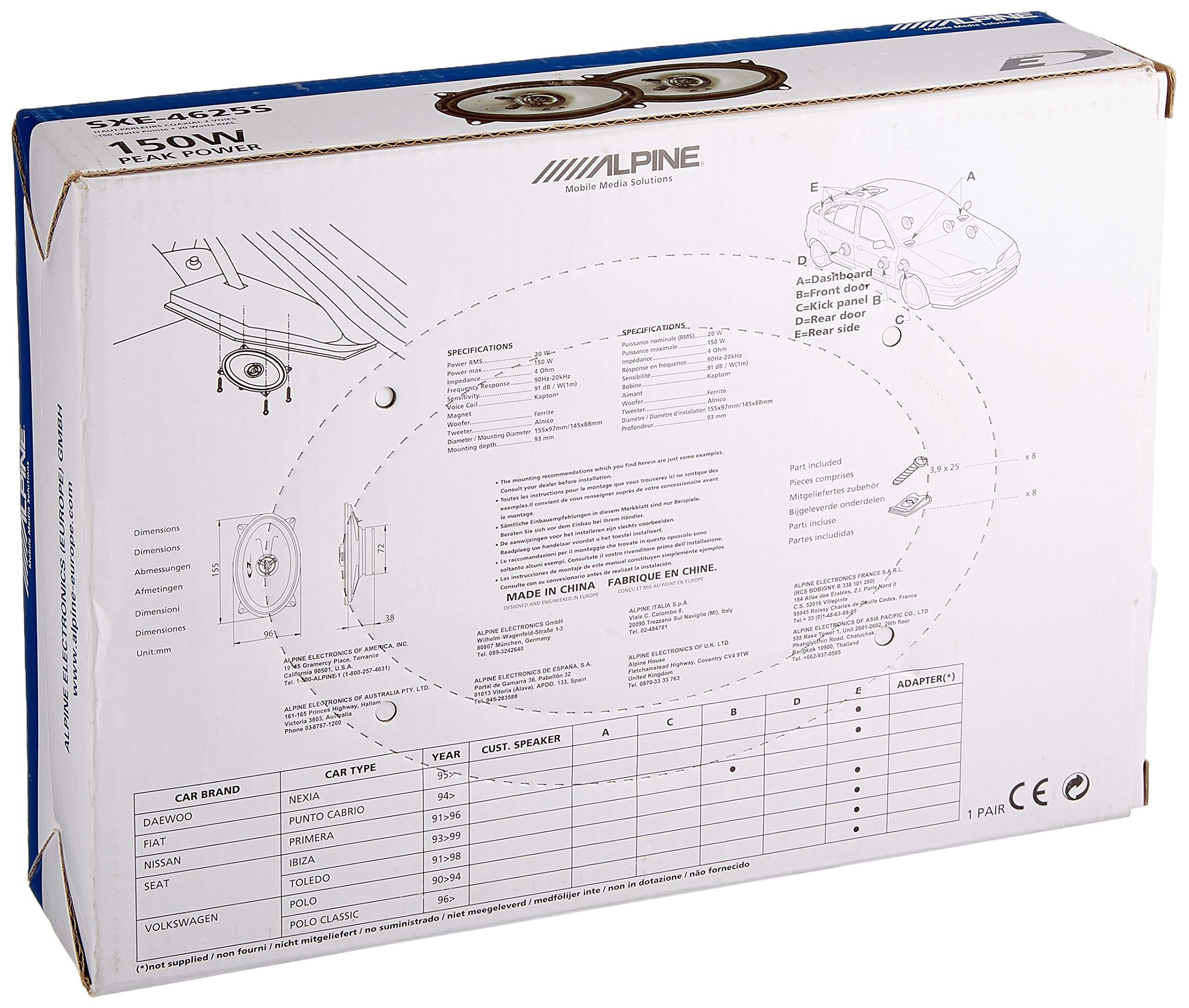 Alpine SXE-4625S 4" x 6" 10cm x 15cm 300 Watts 2 Way Coaxial Car Van Speakers