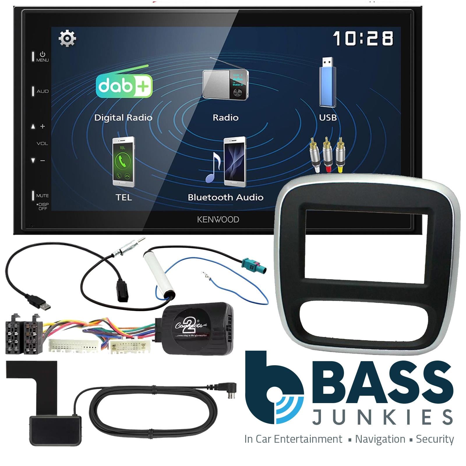 Connects2 CTKVX38 - Vauxhall Vivaro 2014 - 2018 Silver Double Din Fascia Panel & Steering Wheel Interface with Kenwood 6.8" USB DAB Android Mirroring Touchscreen Upgrade Kit