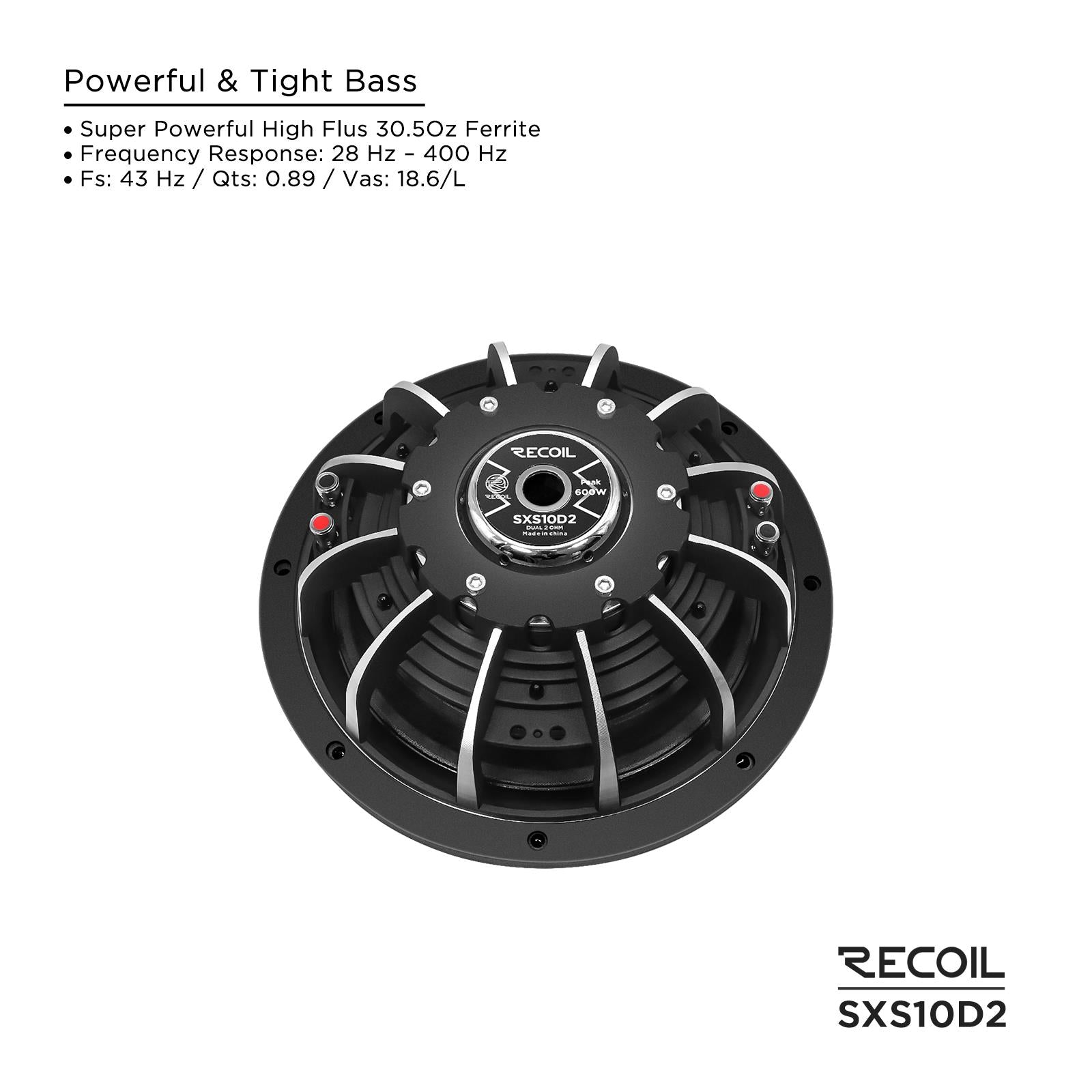 Recoil SXS10D2 - 600 Watts 10" Ultra Slim Shallow Dual 2 Ohm Car Sub Subwoofer