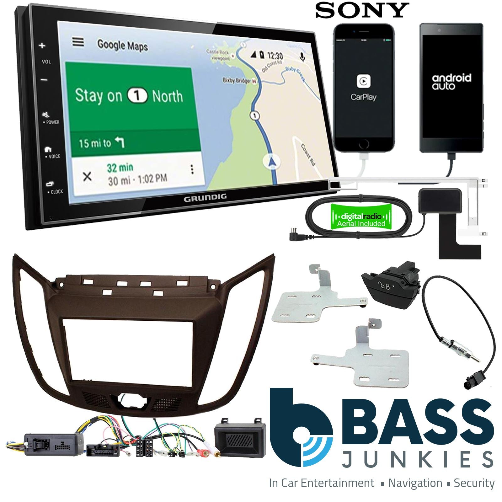 Grundig 6.8" Apple Android Double Din Stereo Fitting Kit + Steering Wheel Stalk Controls to fit Ford C-Max 2010-