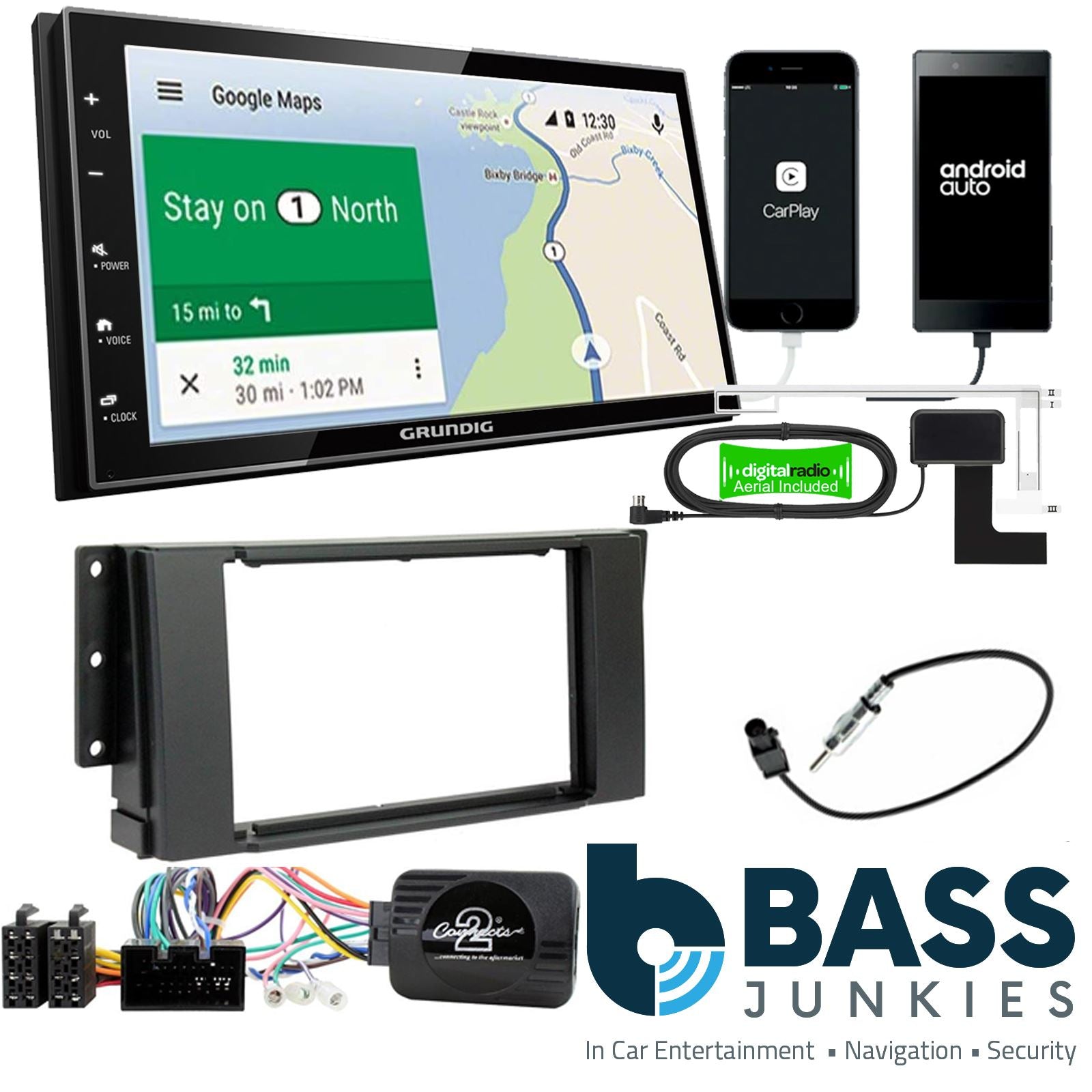 Grundig 6.8" Apple Android Double Din Stereo Fitting Kit + Steering Wheel Stalk Controls to fit Land Rover Freelander 07-14
