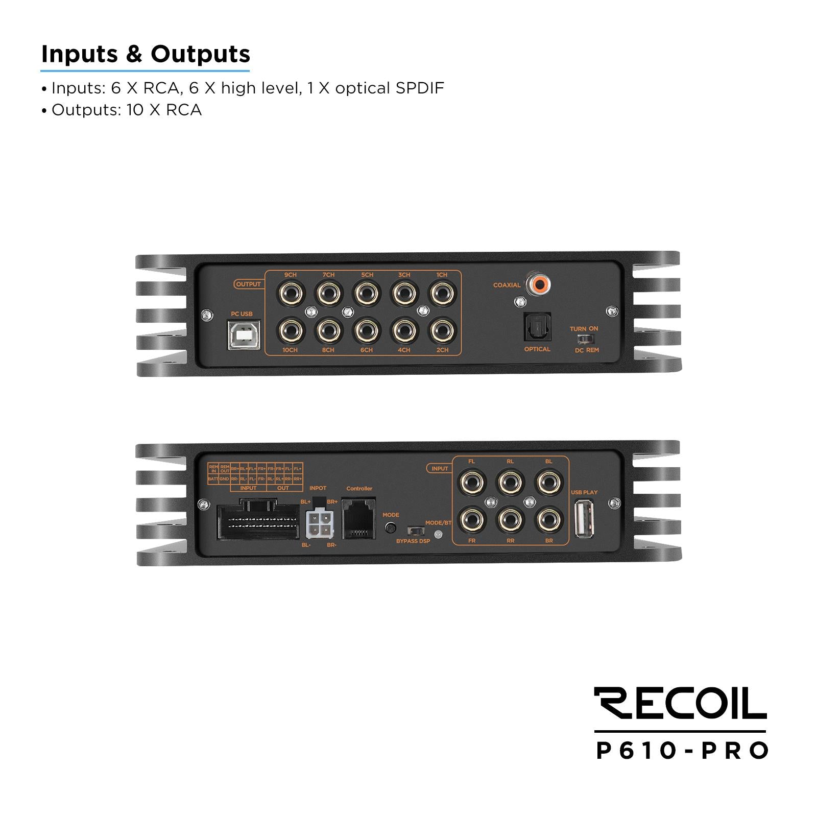 Recoil P610-PRO - 10 Channel DSP 6-In/10-Out Car Amplifier & Bluetooth Streaming