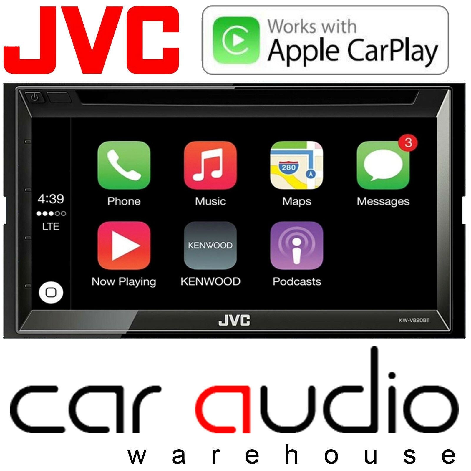 JVC KW-V820BT - 6.8" DVD CD MP3 Apple Carplay Bluetooth Touchscreen AM/FM Tuner, iPod iPhone Android Control Car Stereo