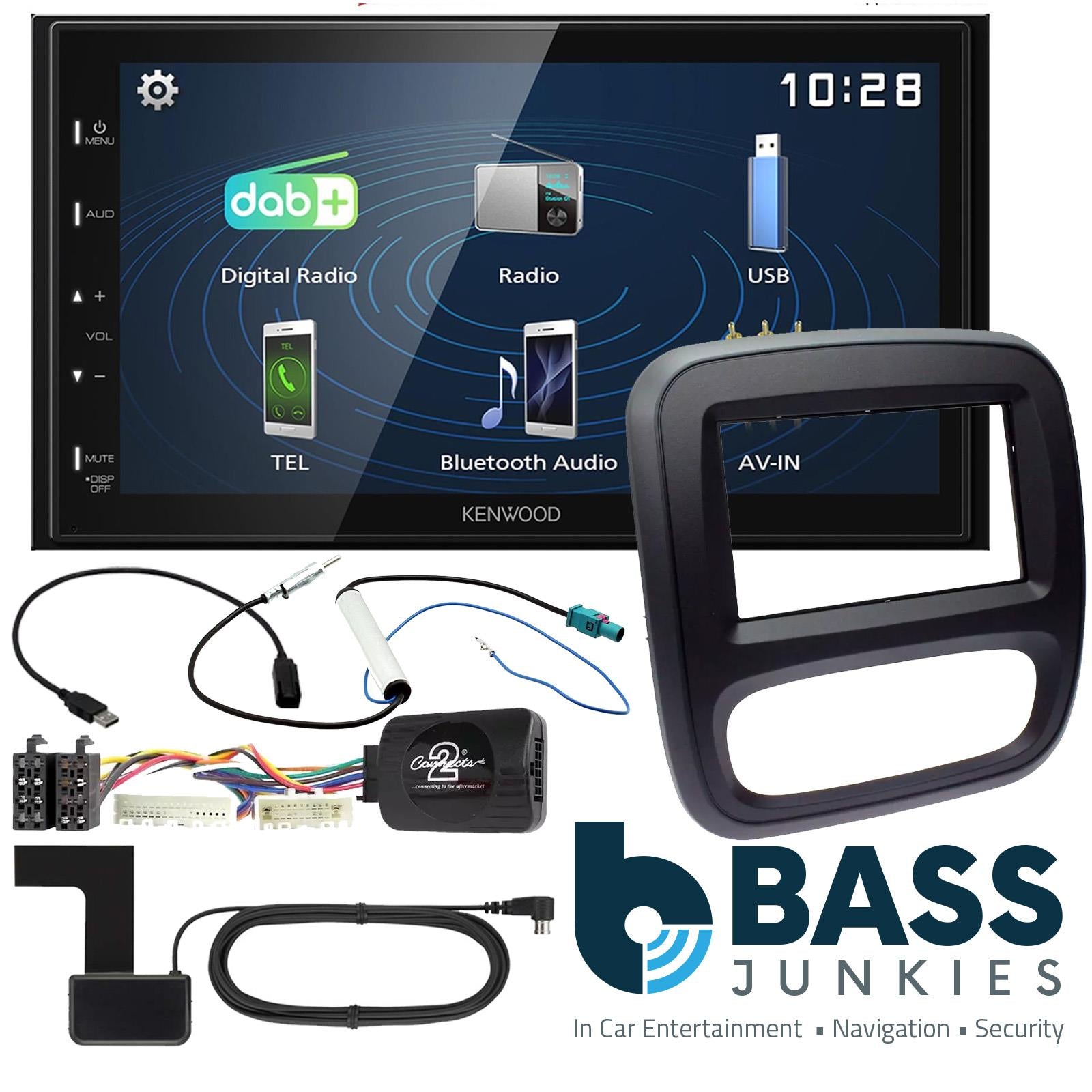 Connects2 CTKVX37 - Vauxhall Vivaro 2014 - 2018 Black Double Din Fascia Panel & Steering Wheel Interface with Kenwood 6.8" USB DAB Android Mirroring Touchscreen Upgrade Kit