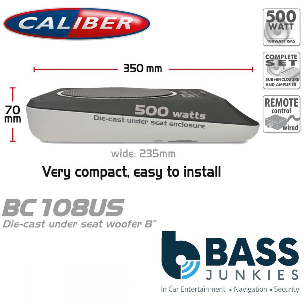 Caliber CALBC108US - 8" 20cm 500 Watts Under Seat Car Van Active Subwoofer With Wired Bass Remote Control