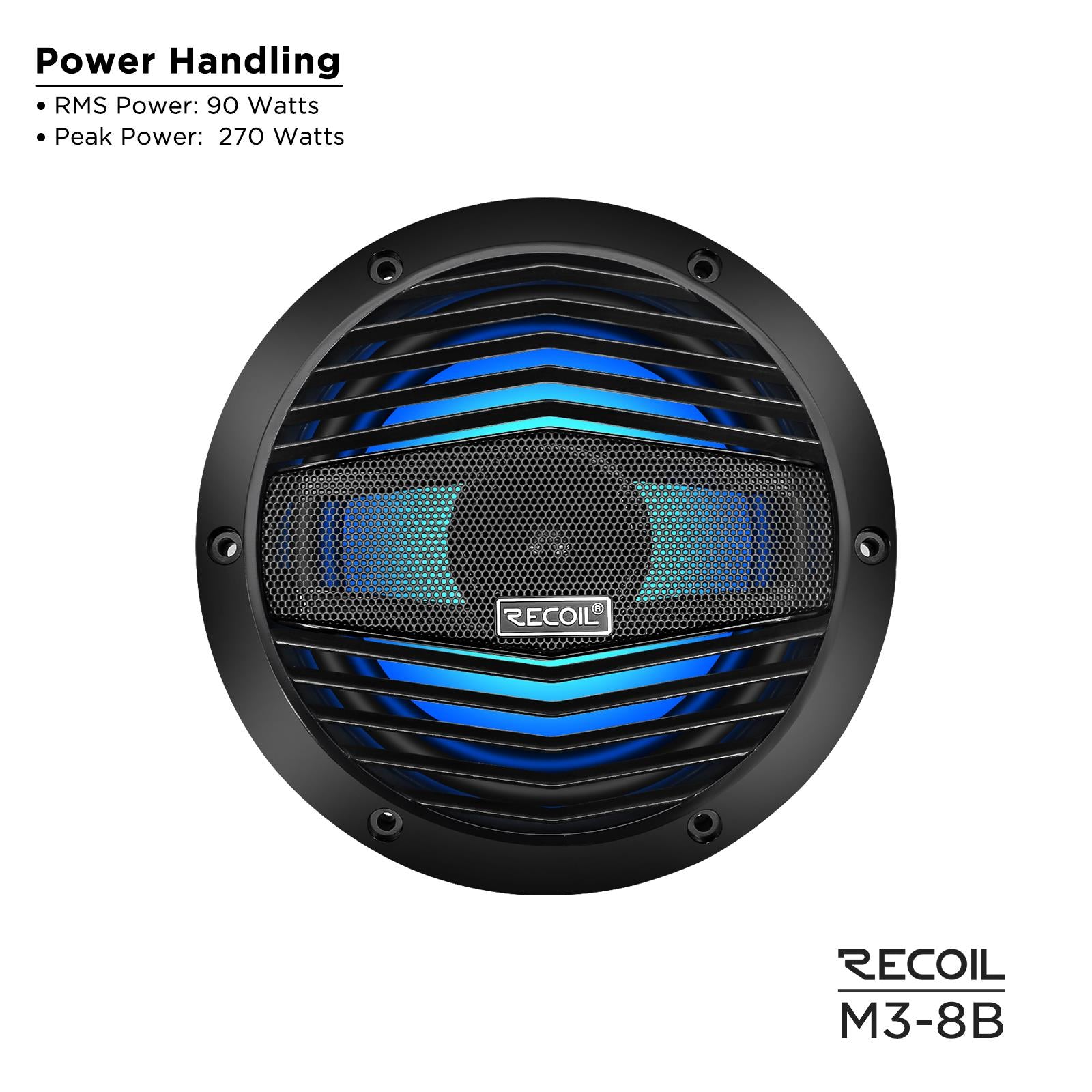 Recoil M3-8B - 8" 20cm Black Marine Boat Outdoor Speakers with Built-in RGB LED
